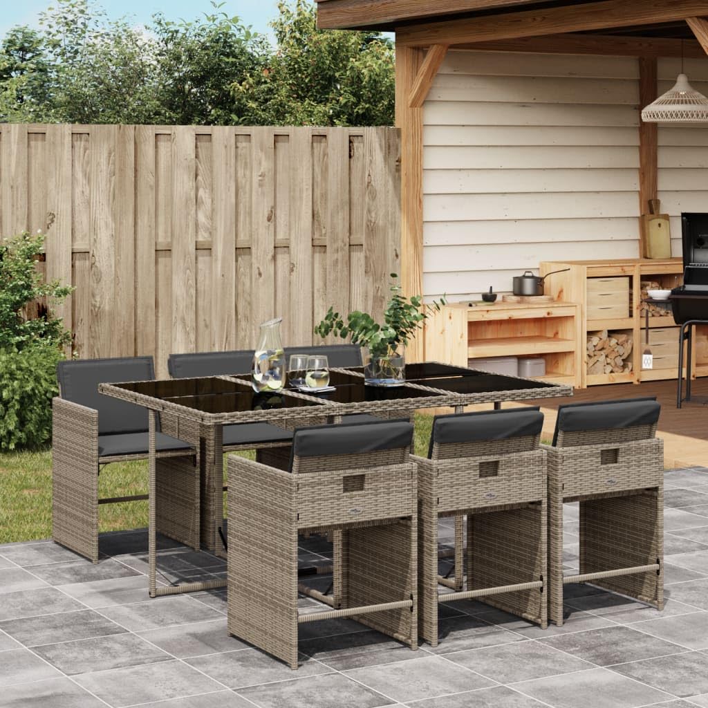 vidaXL Patio Dining Set with Cushions – 7 Piece Gray Poly Rattan Outdoor Garden Furniture, Includes Foldable Chairs and Tempered Glass Table for Backyard, Patio, and Deck