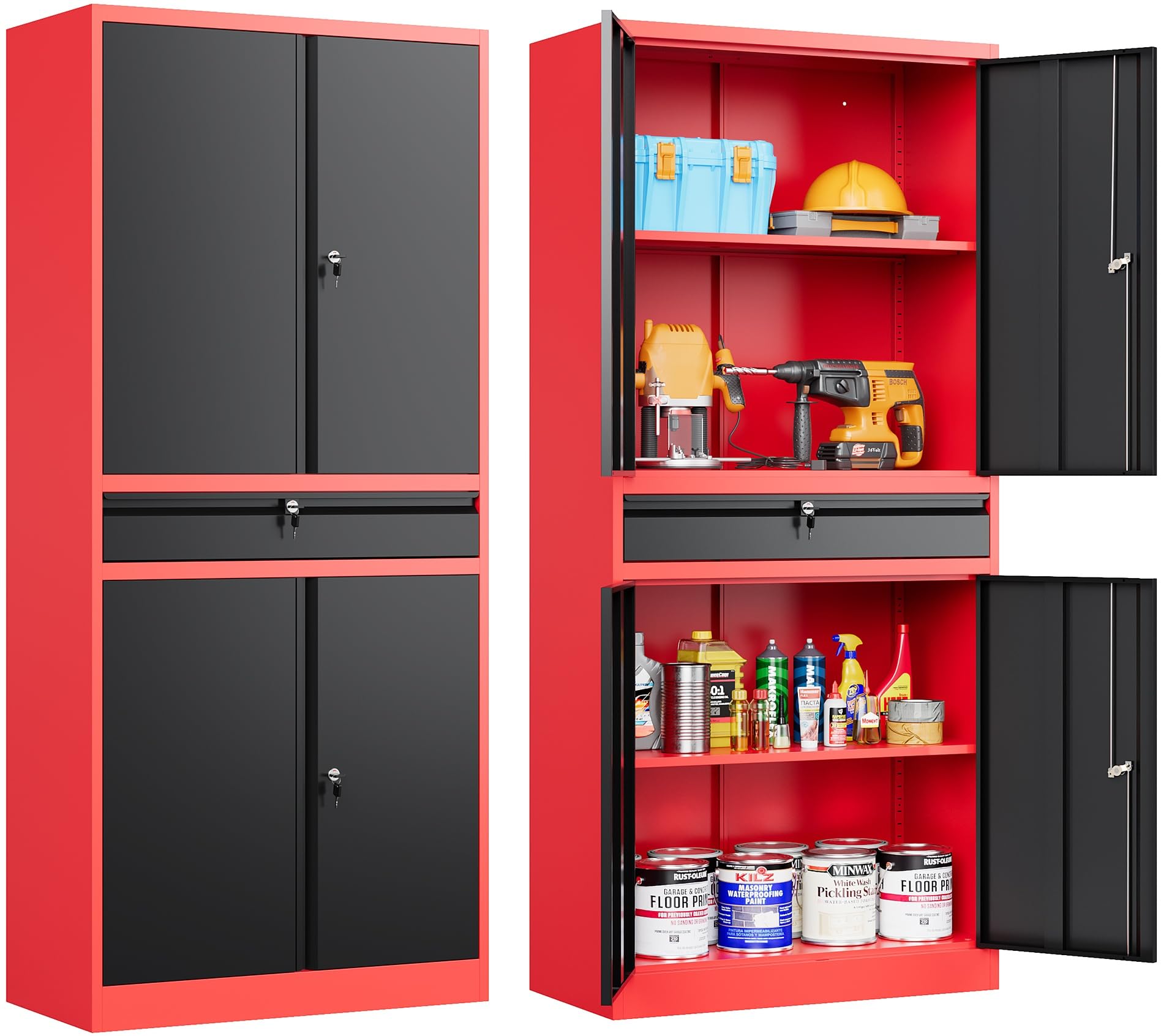 Metal Storage Cabinet with Wheels,Rolling Garage Storage Cabinet with Lock,Red Black Metal Cabinet with Wheels and Shelves,Tool 