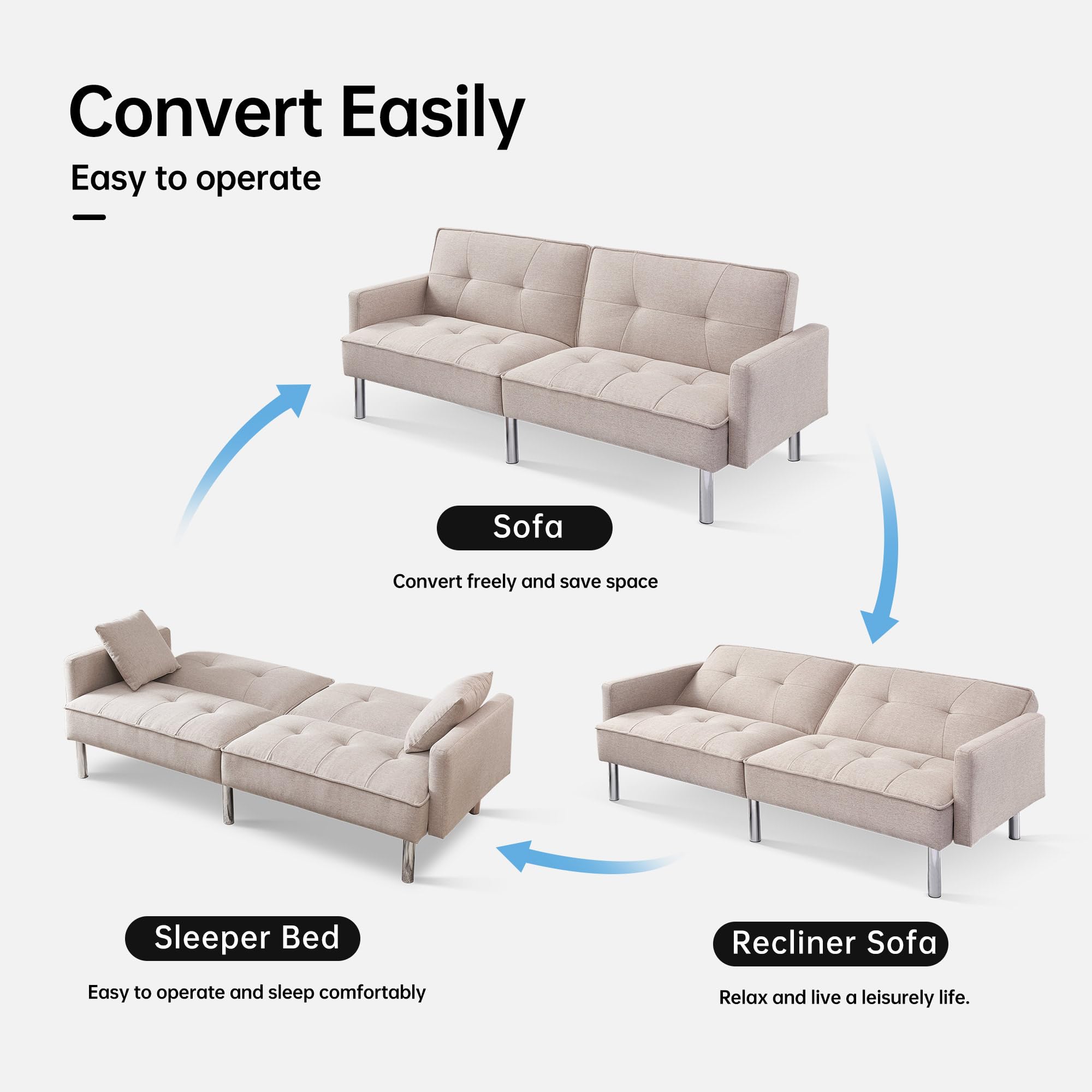 American Furniture Classics Beige Tufted Futon Convertible Sofa Sleeper with Two Throw Pillows Velvet, 85" x 35" x 35"
