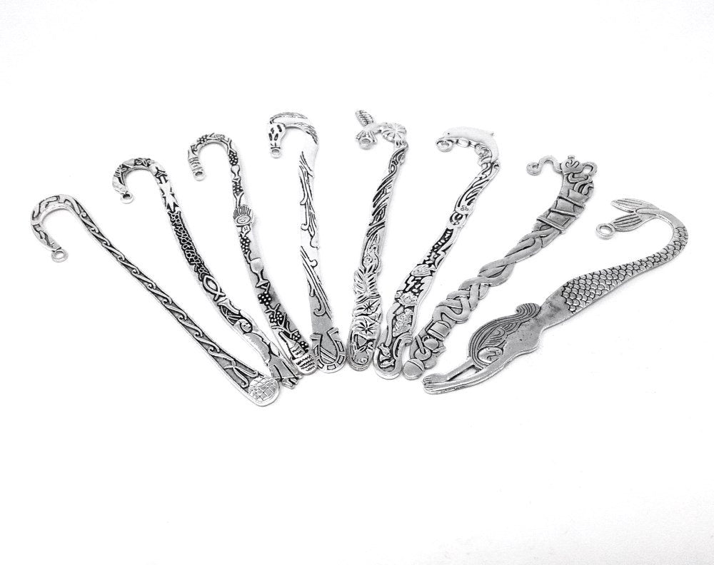 Yueton 8Pcs Mixed Pattern Antique Silver Metal Carved Hook Bookmarks