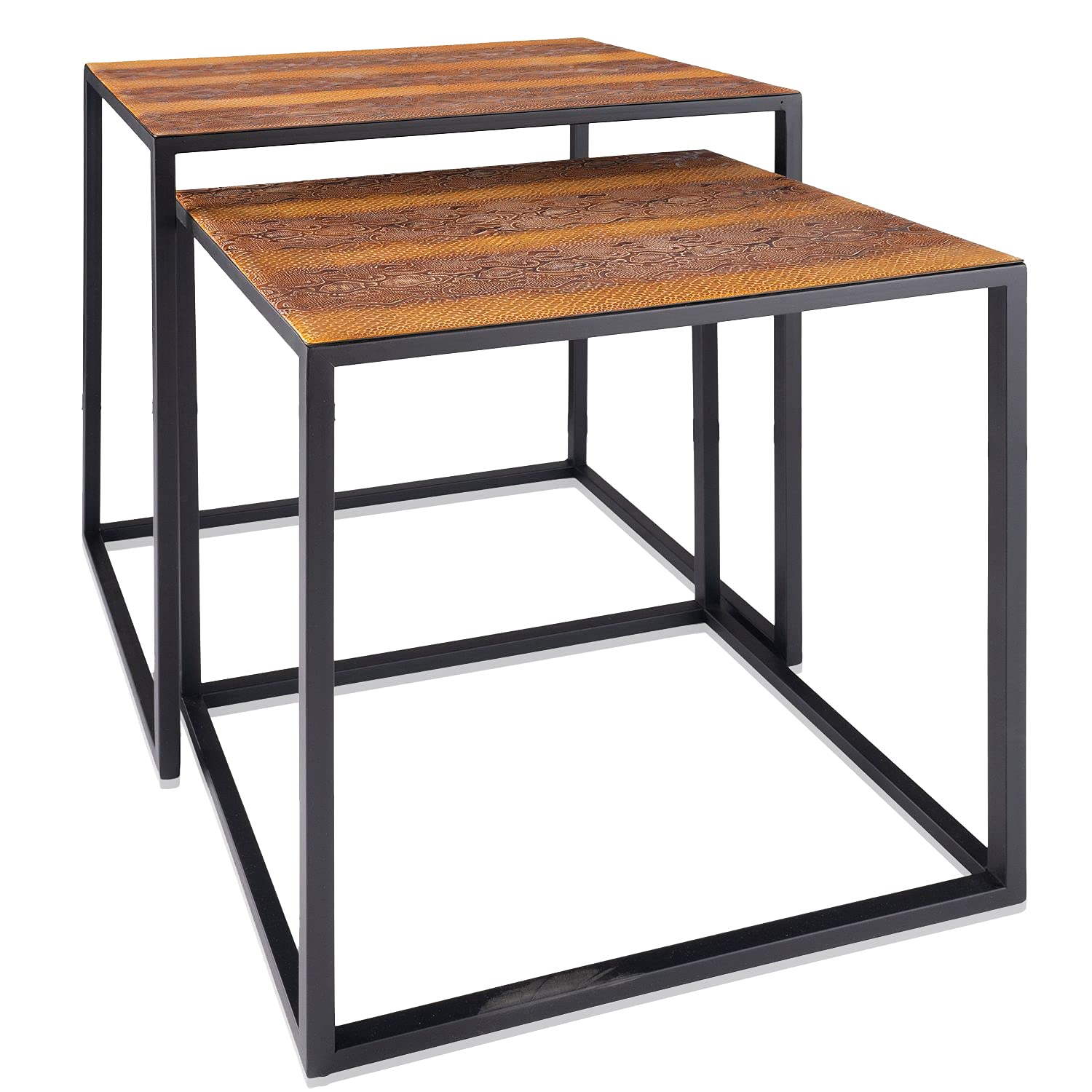 HomeRoots Set of 2 Rectangular Black Powder Coated Frame and Rattlesnake Faux Leather Top Nesting End Tables