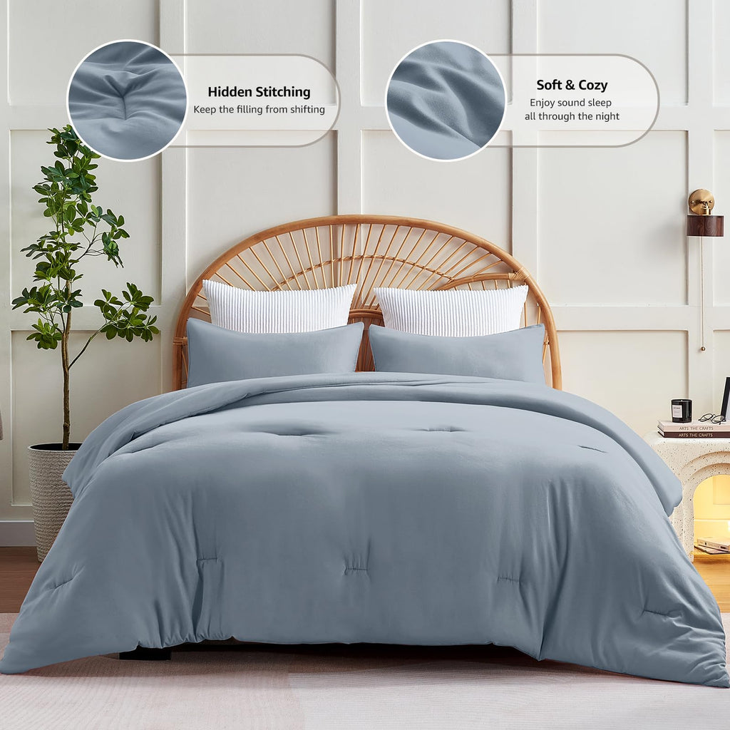 Cozylux Grayish Blue Comforter Set Full Size, 3 Pieces Solid Breathable Quilted Boho Style Bedding Sets, Luxury Fluffy Soft Microfiber Comforter For All Season(1 Comforter & 2 Pillowcases)