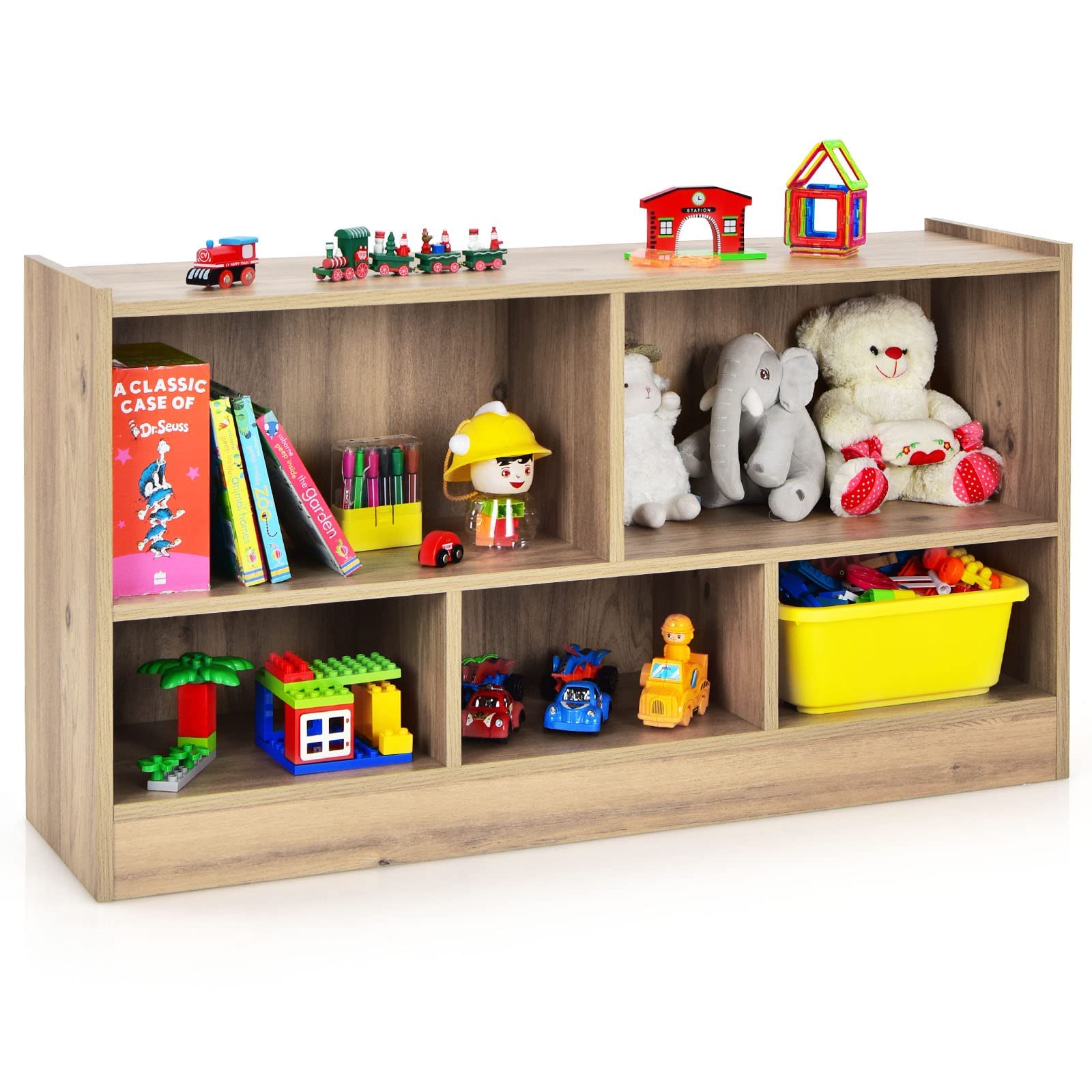 Costzon Toy Storage Organizer For Kids, 5-Section School Classroom Storage Cabinet For Organizing Books Toys, Wooden Bookshelf Daycare Furniture For Playroom Kids Room Nursery Kindergarten (Natural)