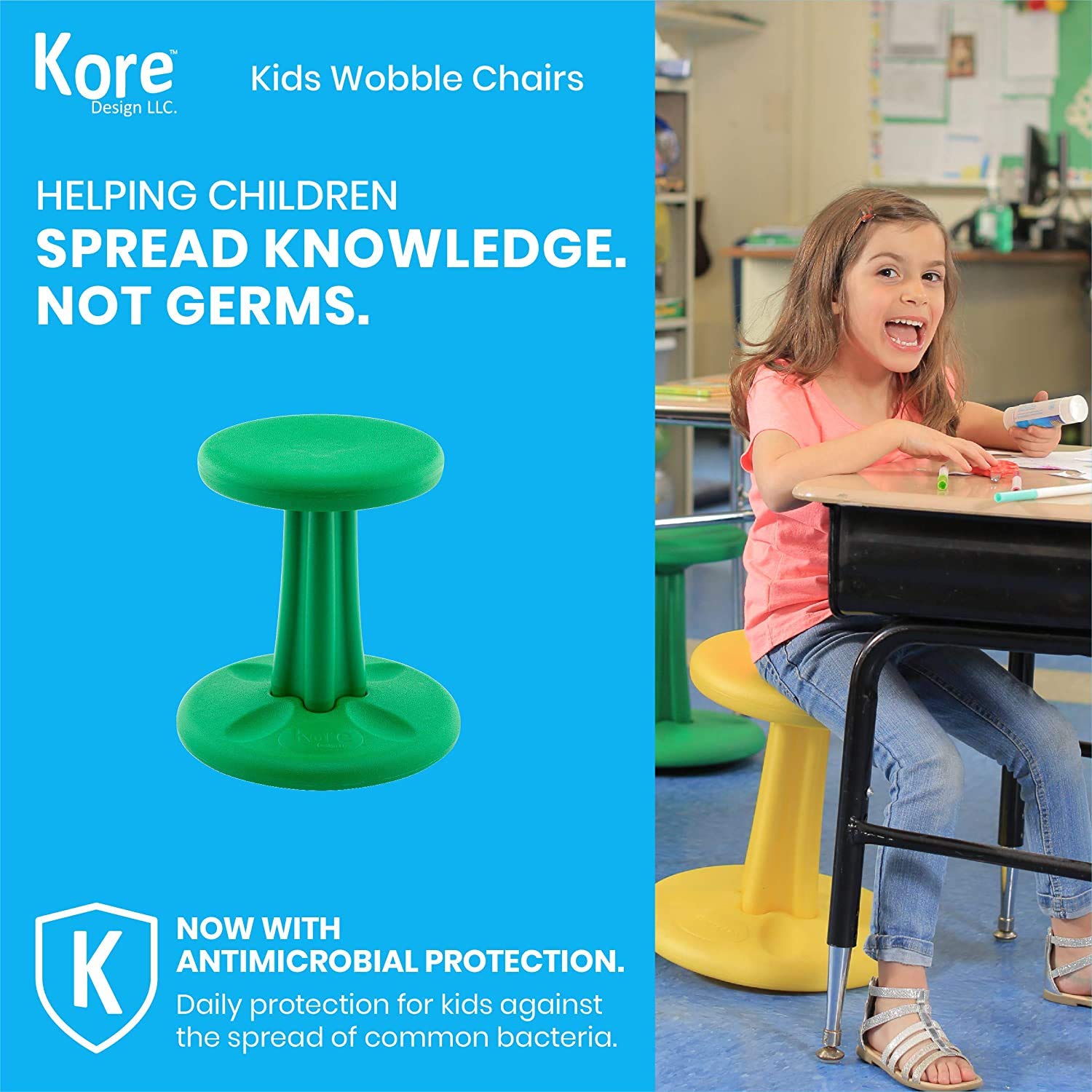 Kore Design Wobble Stool Chair, Girls + Boys Kid Desk Stools, Ergonomic Small Office Chairs, Flexible Seating For Active Kids, Add/Adhd, Classroom, School, Home, Junior (16In), Age 8-9 Yrs, Green