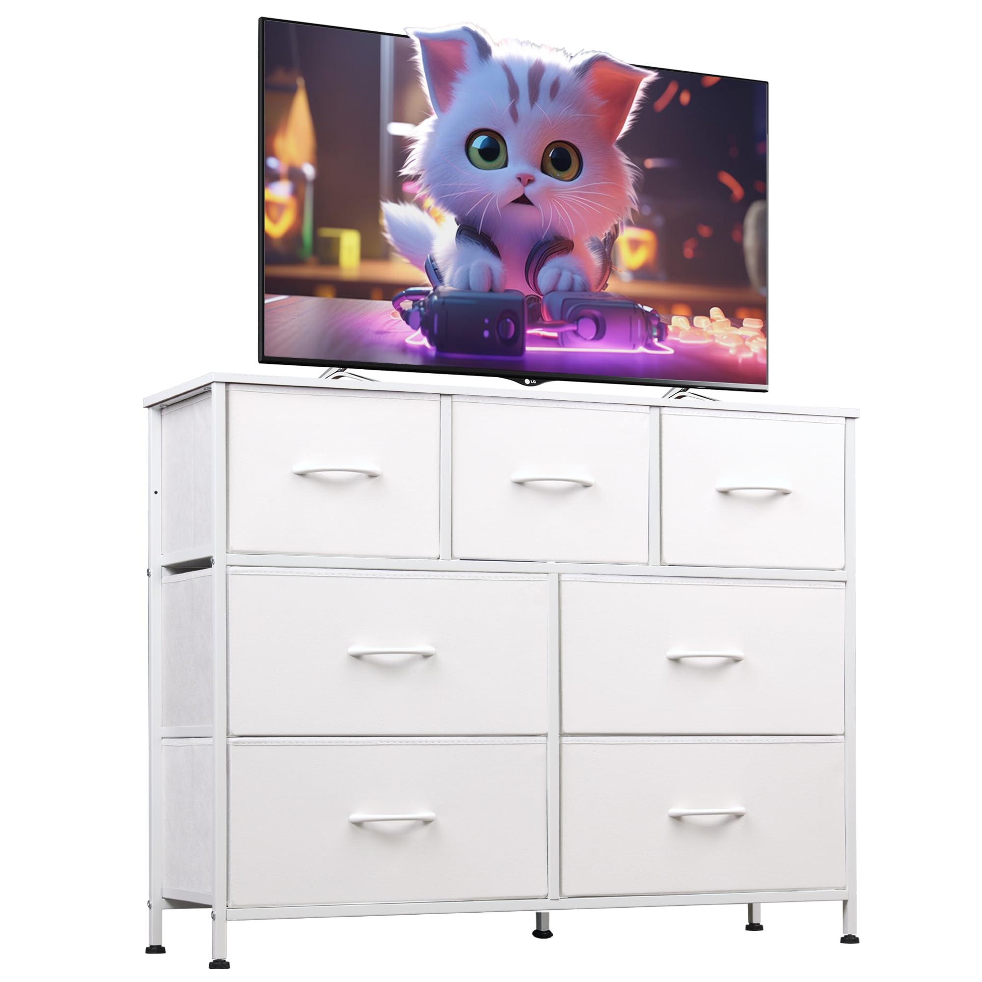 Wlive Dresser With 7 Drawers, Dressers For Bedroom, Fabric Storage Tower, Hallway, Entryway, Closets, Sturdy Steel Frame, Wood Top, Easy Pull Handle, White