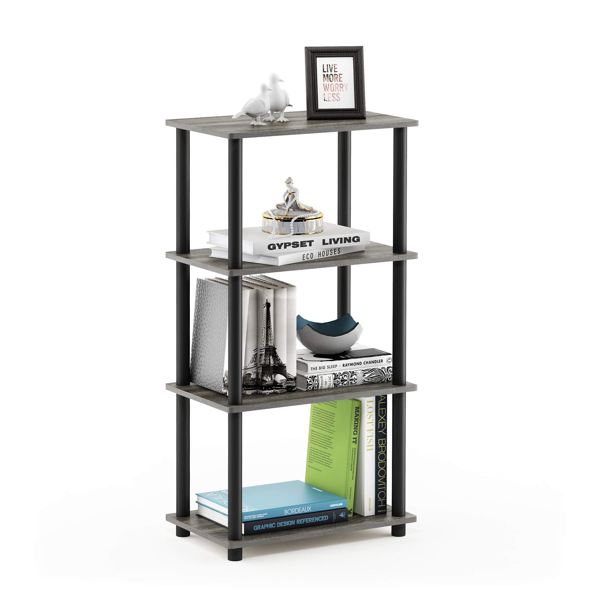 Furinno Turn-N-Tube No Tool 4-Tier Storage Shelf, Narrow, French Oak Grey/Black