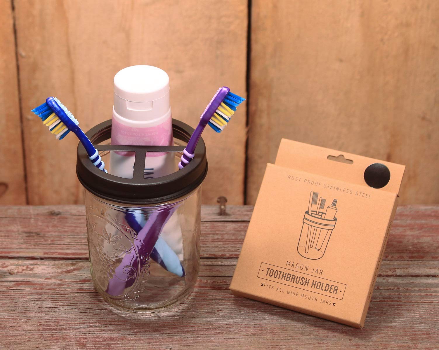 Jarmazing Products Mason Jar Toothbrush Holder Lid - Black - For Wide Mouth Jars - Made From Rust-Proof Stainless Steel