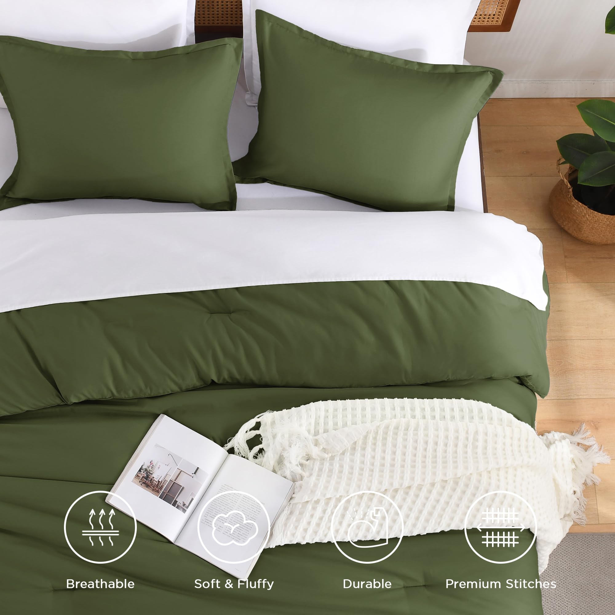 Andency Olive Green King Size Comforter Set, Solid Comforter Set 3 Pieces (1 Boho Comforter & 2 Pillowcases), Lightweight Fluffy Soft Vintage Olive Bed Comforter Set For All Season