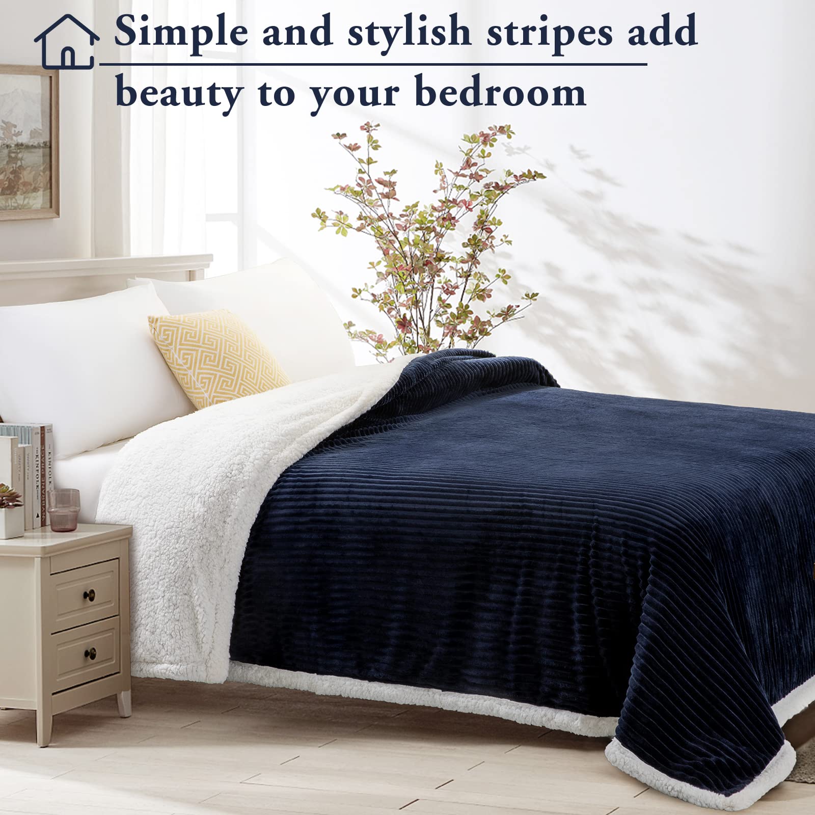 Lbro2M Striped Sherpa Fleece Bed Blanket King Size, Super Soft Fuzzy Plush Warm Cozy Fluffy Microfiber Couch Throw Velvet Double Reversible Luxurious Blankets (90X104),Navy Blue