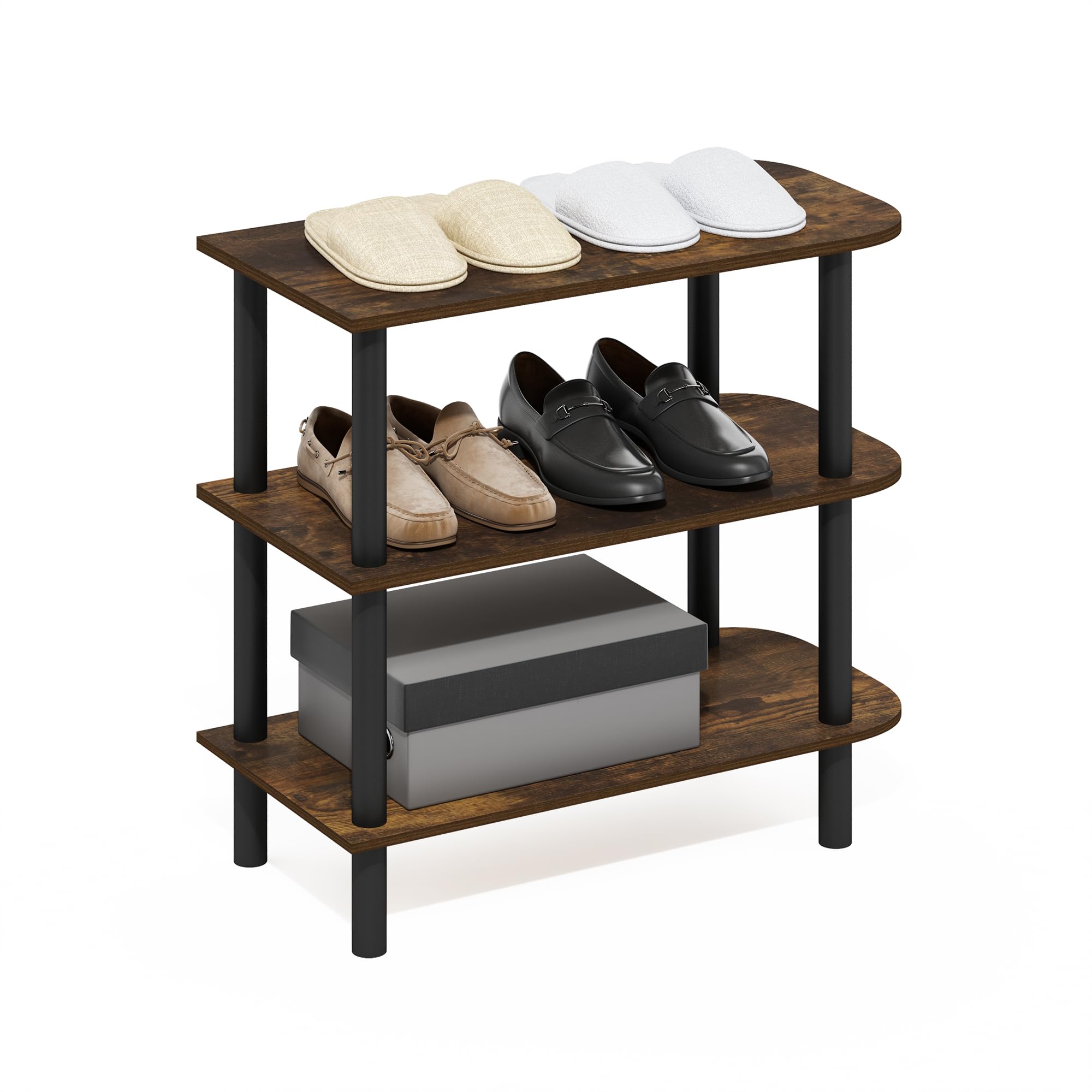 Furinno Turn-N-Tube 23-Inch 3-Tier Curved Freestanding Shoe Rack Storage Organizer, Amber Pine/Black