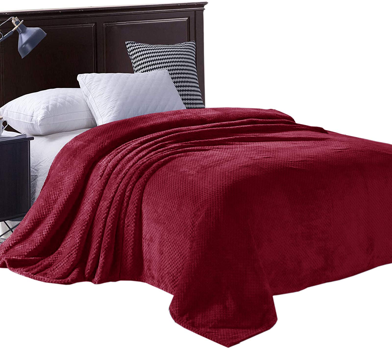 Exclusivo Mezcla Waffle Textured Soft Fleece Blanket, Twin Size Bed Blanket, Cozy Warm And Lightweight (Deep Red, 90X66 Inches)