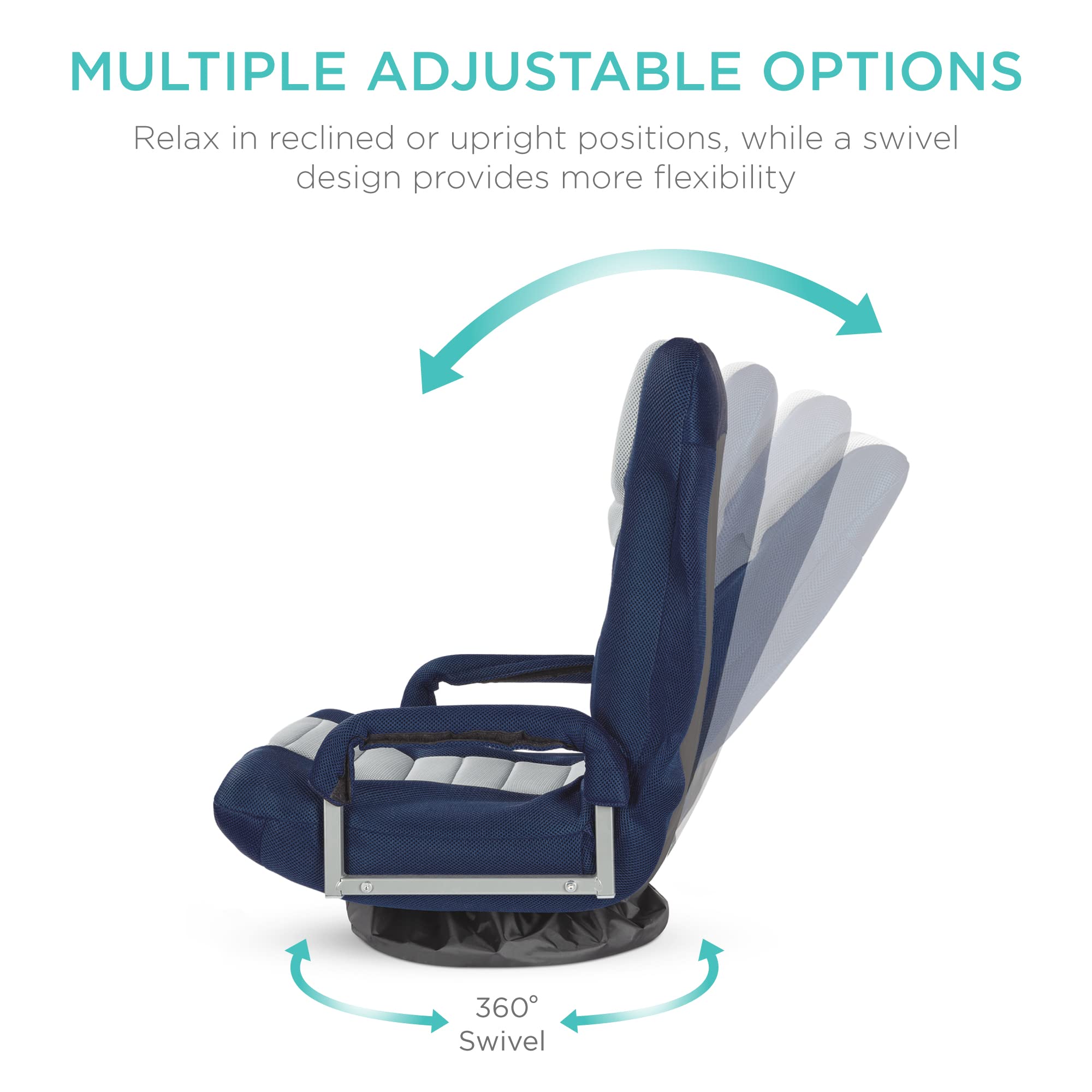 Best Choice Products Swivel Gaming Chair 360 Degree Multipurpose Floor Chair Rocker For Tv, Reading, Playing Video Games W/Lumbar Support, Armrest Handles, Adjustable Foldable Backrest - Blue/Gray