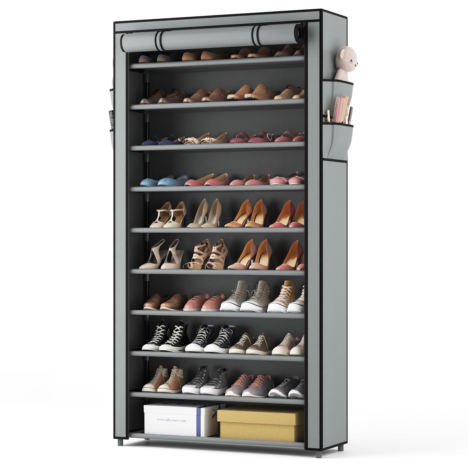 Rojasop Shoe Rack With Covers, Stackable 10 Tier Tall Shoe Shelf Storage 50-55 Pairs Shoes And Boots Large Capacity Vertical Shoe Rack Organizer For Closet Entryway Garage Bedroom, Grey