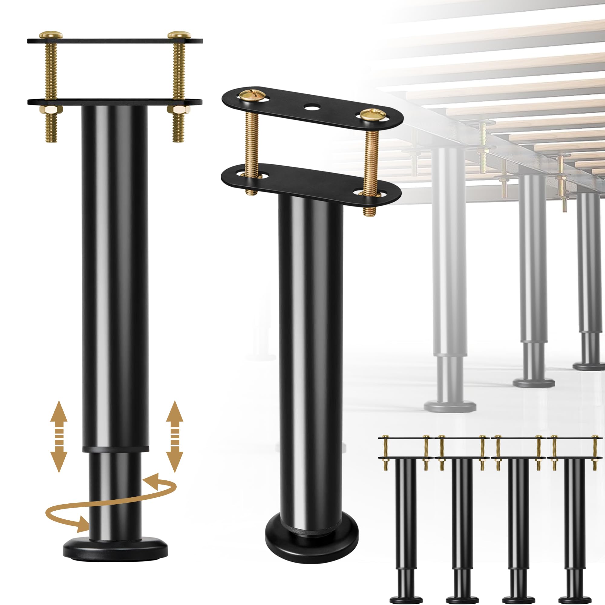 Set Of 4 Adjustable Bed Legs Replacement, Upgrade Under Bed Support Leg With Wider Base, Heavy Metal Bed Frame Center Support Le