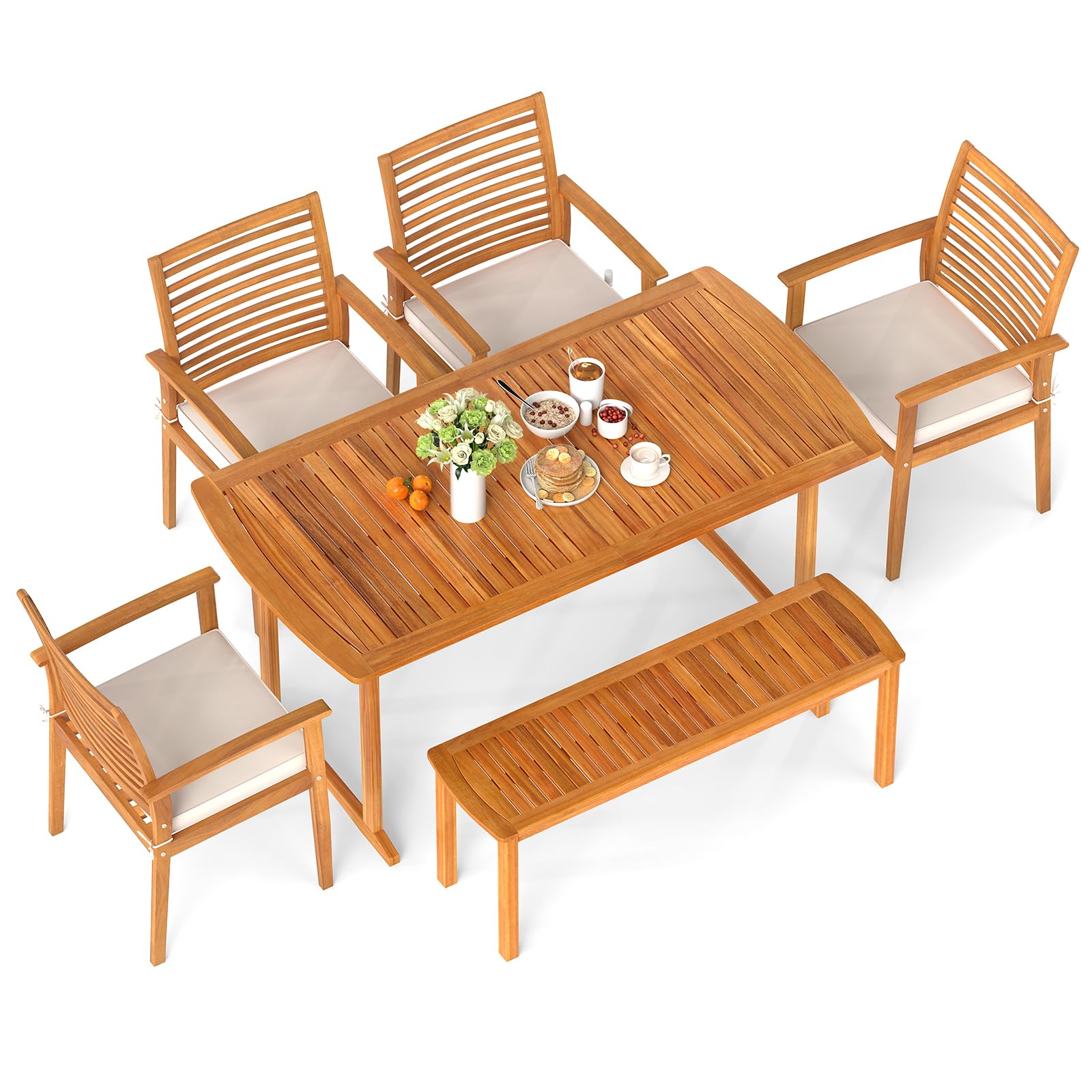 Tangkula 6 Pieces Outdoor Acacia Wood Dining Set, Rectangle Patio Dining Table with Umbrella Hole and 4 Cushioned Chairs and Ben