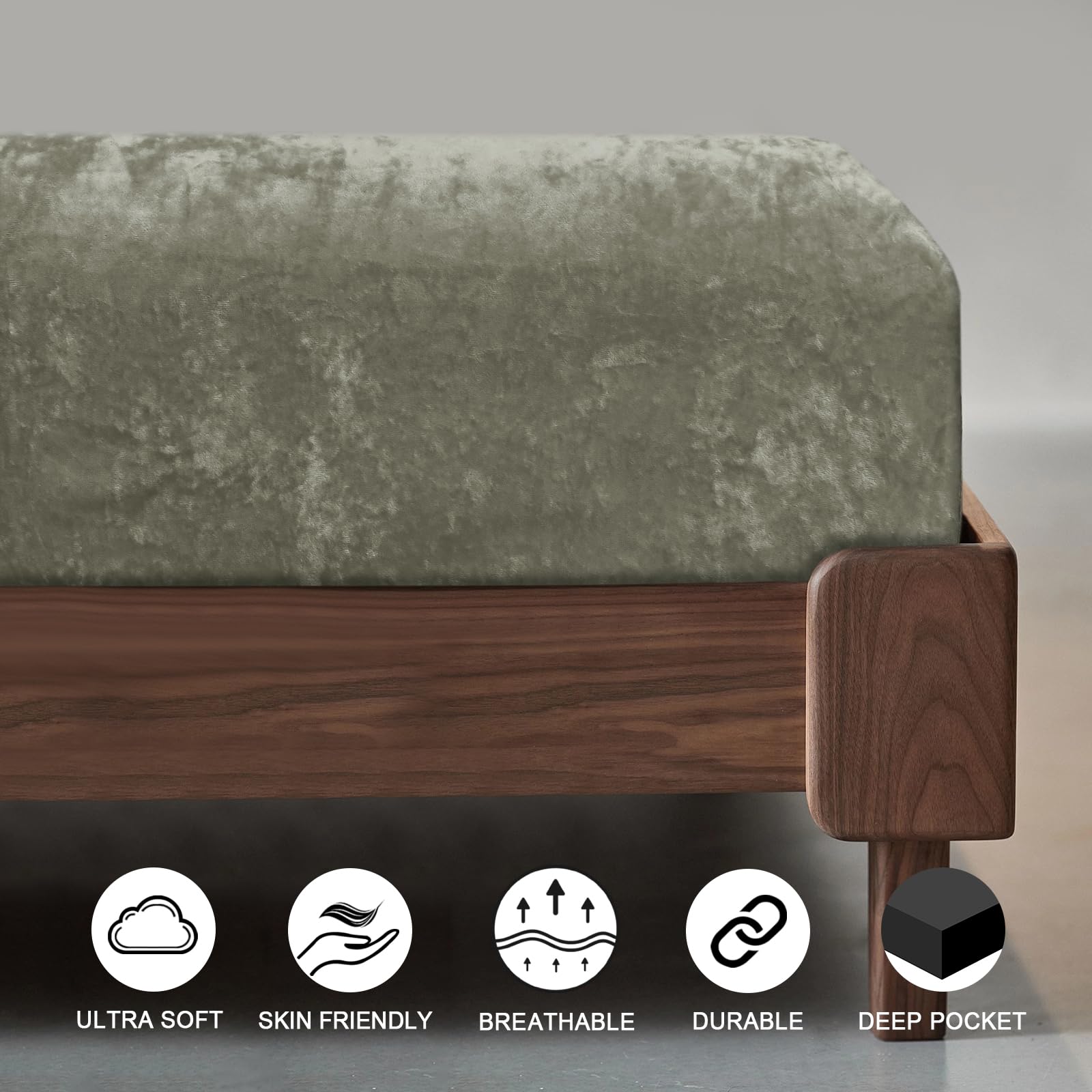 Phf Truly Velvet Fitted Sheet Only Queen Size, Luxury Super Soft Cozy Comfy Fleece Bottom With 15' Deep Pocket, Suitable For Fall Winter And Spring, No Pillowcases, Smokey Olive