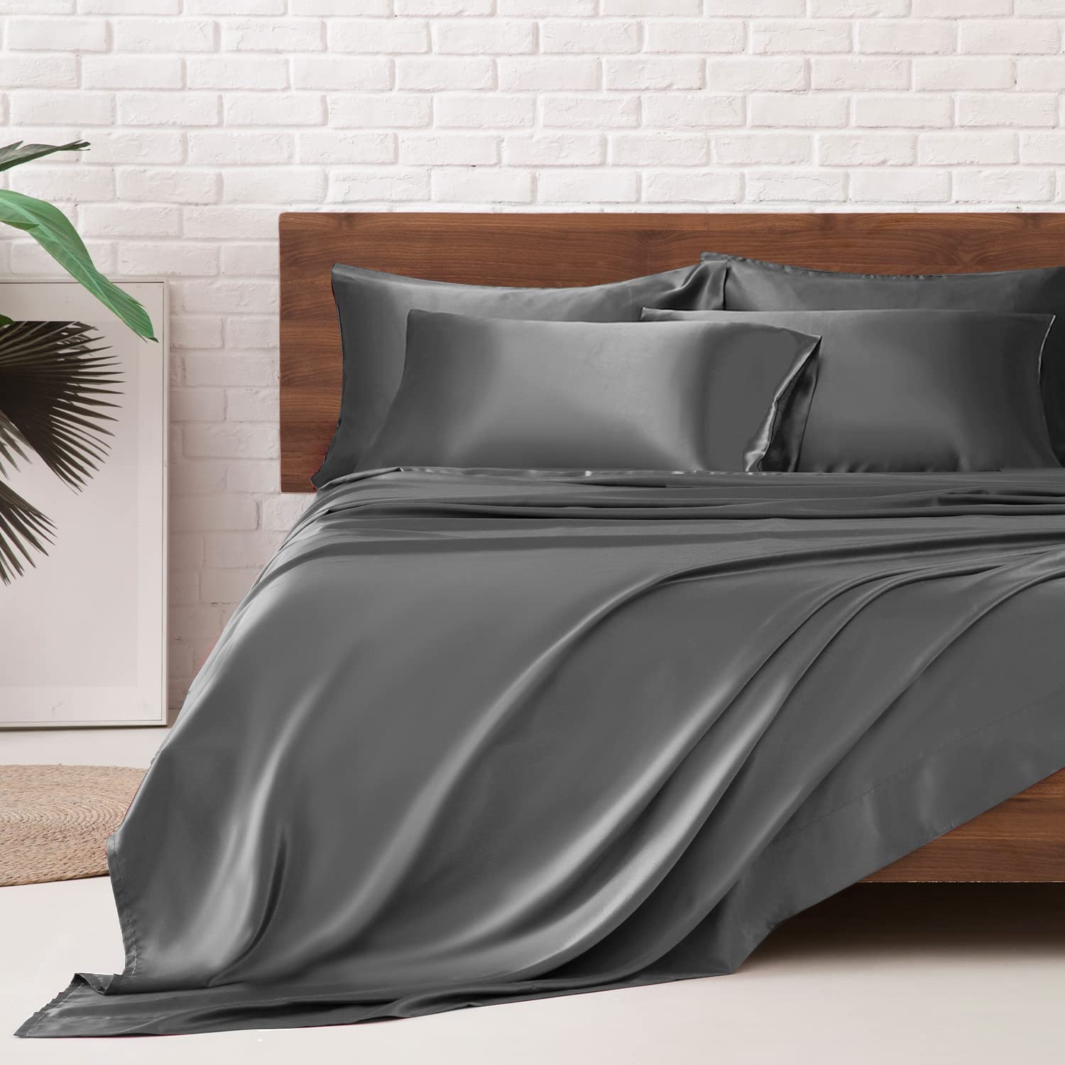 Mr&Hm Satin Bed Sheets, Queen Size Sheets Set, 6 Pcs Silky Bedding Set With 15 Inches Deep Pocket For Mattress(Queen, Dark Grey)