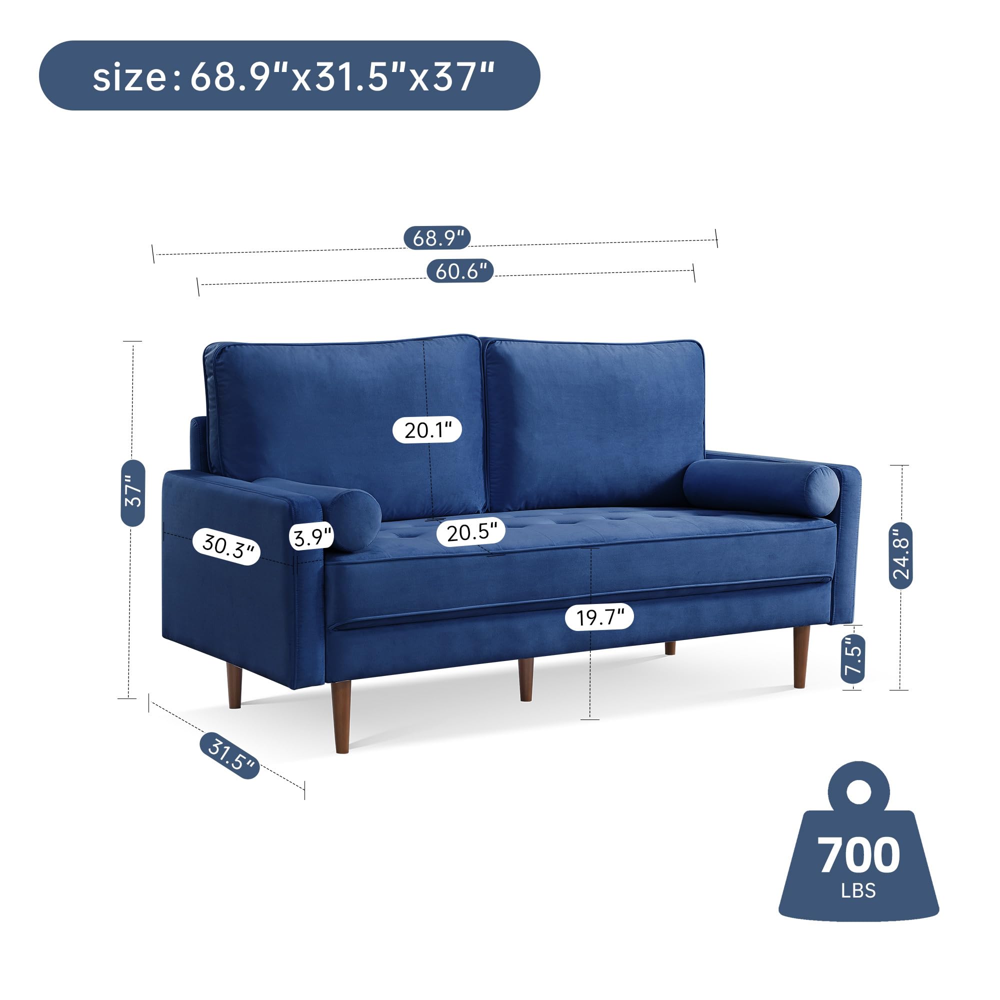 American Furniture Classics Blue 69 Inch Wide Upholstered Two Cushion Sofa with Bolster Pillows Velvet, 68" x 31.5" x 36"