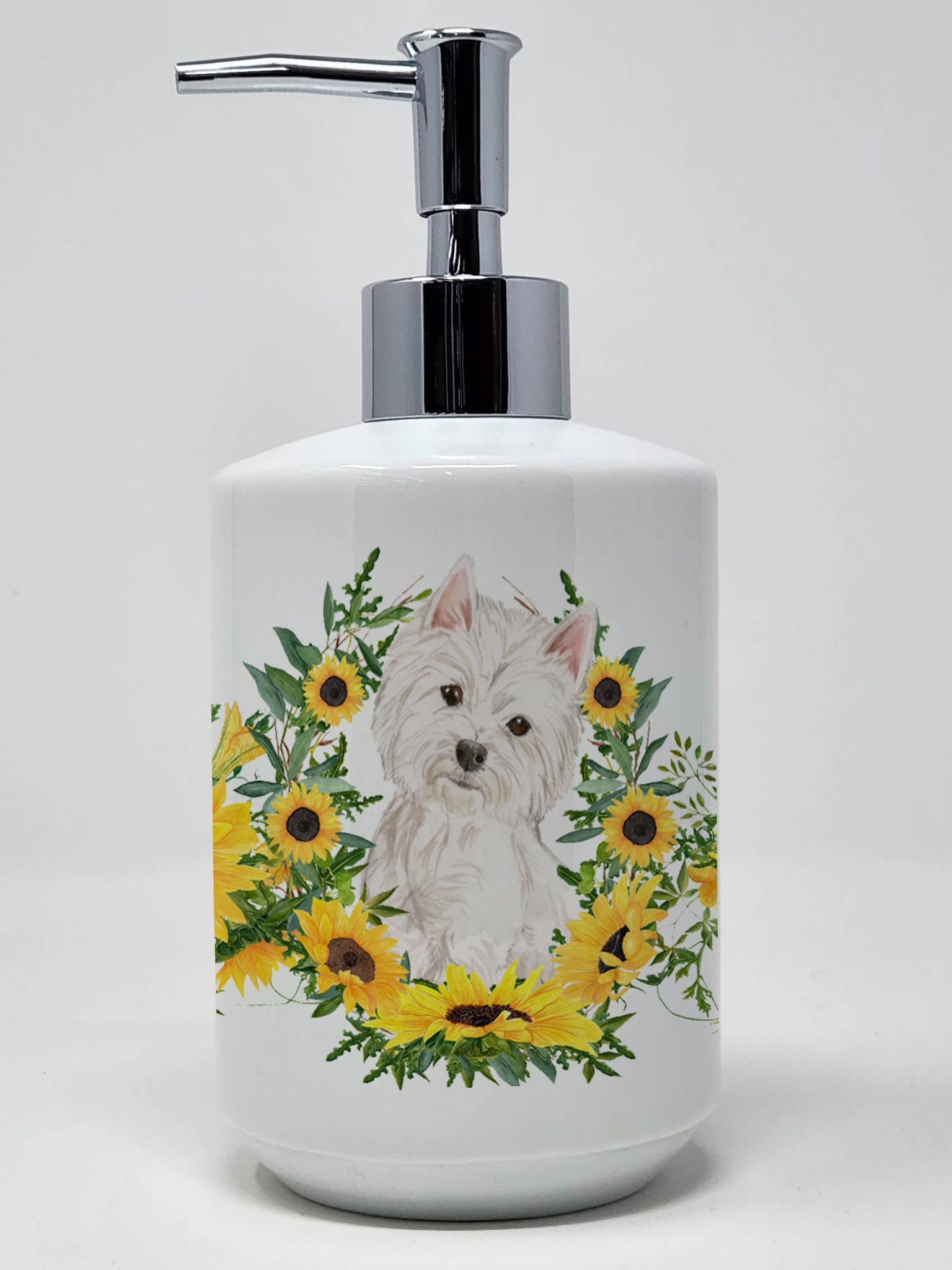 Caroline's Treasures CK2917SOAP Westie in Sunflowers Ceramic Soap Dispenser Hand Soap Dispenser Pump Bottles for Bathroom Kitche