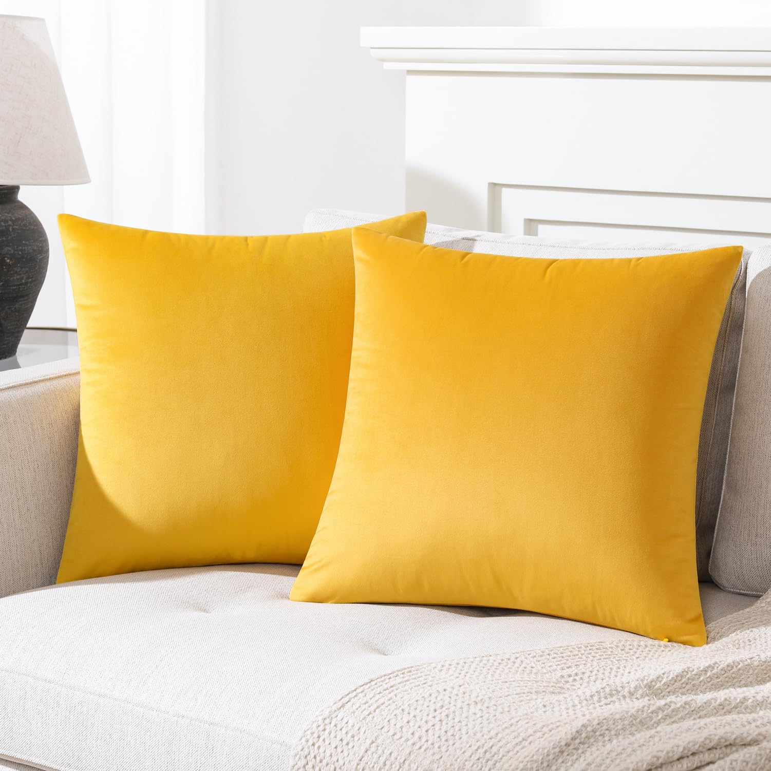 Mixhug Set Of 2 Cozy Velvet Rectangle Decorative Throw Pillow Covers For Couch And Bed, Mustard Yellow, 12 X 20 Inches