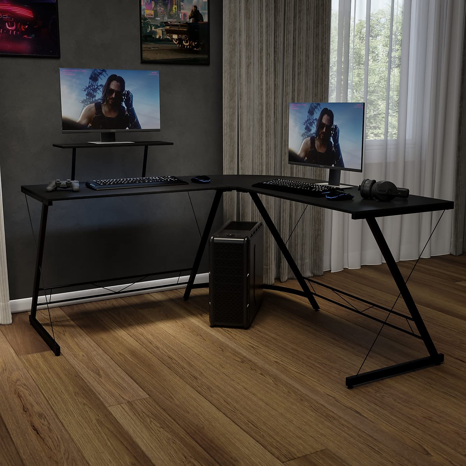 Flash Furniture Ginny L-Shaped Corner Desk Black Steel Particleboard 71.5" Monitor Shelf