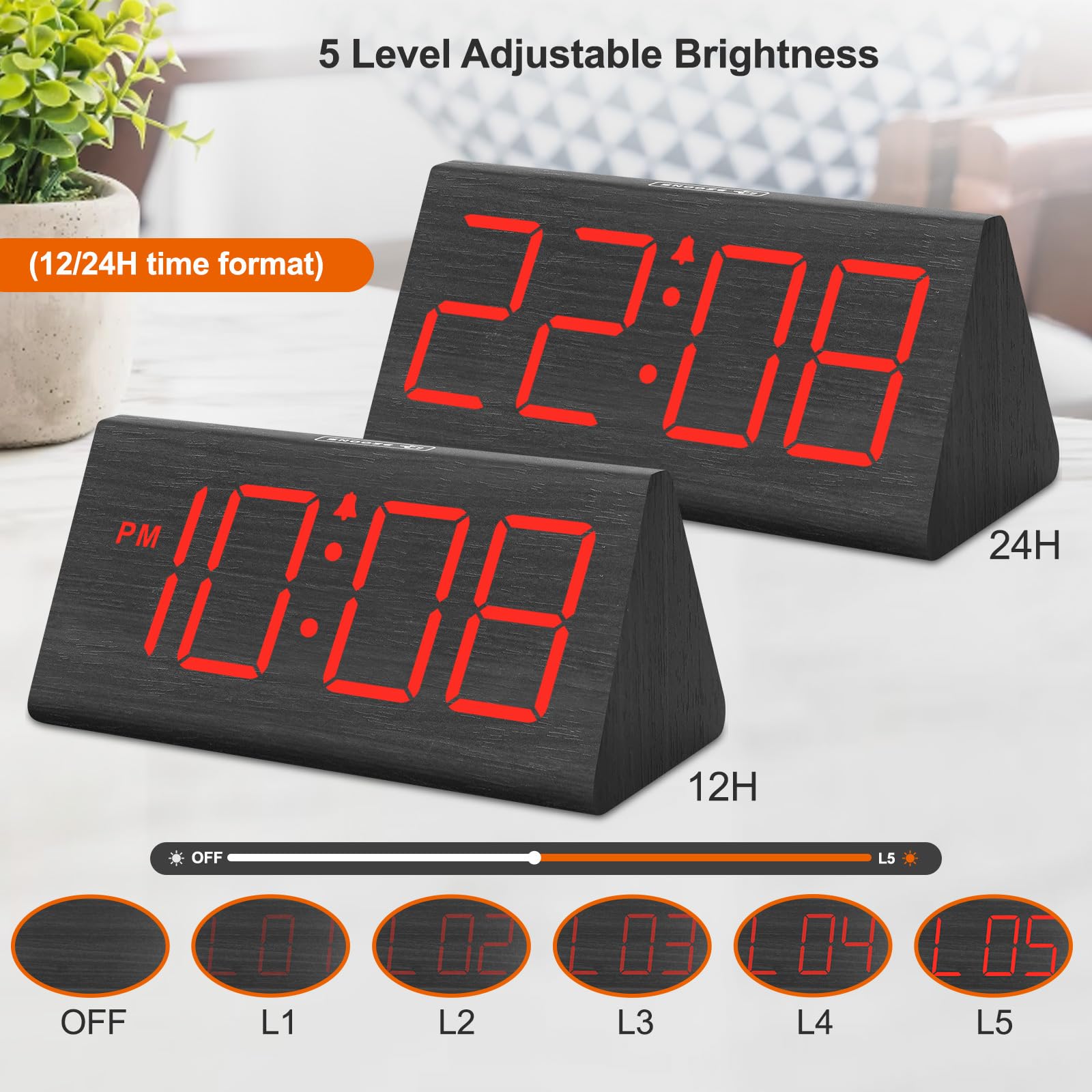 Dreamsky Wooden Digital Alarm Clocks For Bedrooms - Electric Desk Clock With Large Red Numbers, Usb Port, Battery Backup Alarm,