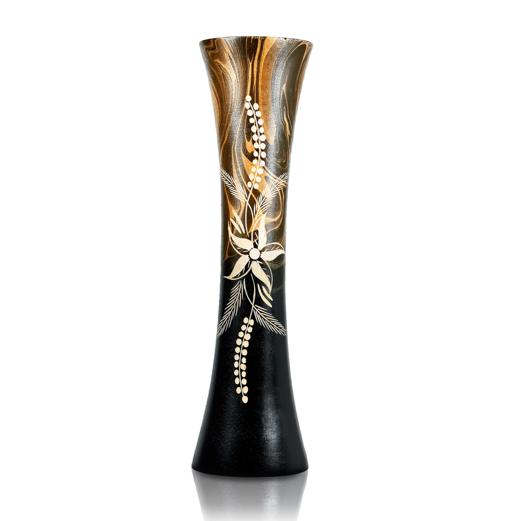 AeraVida Hand Carved Tropical Flower 14-inch Curved Cylindrical Wooden Vase Brown