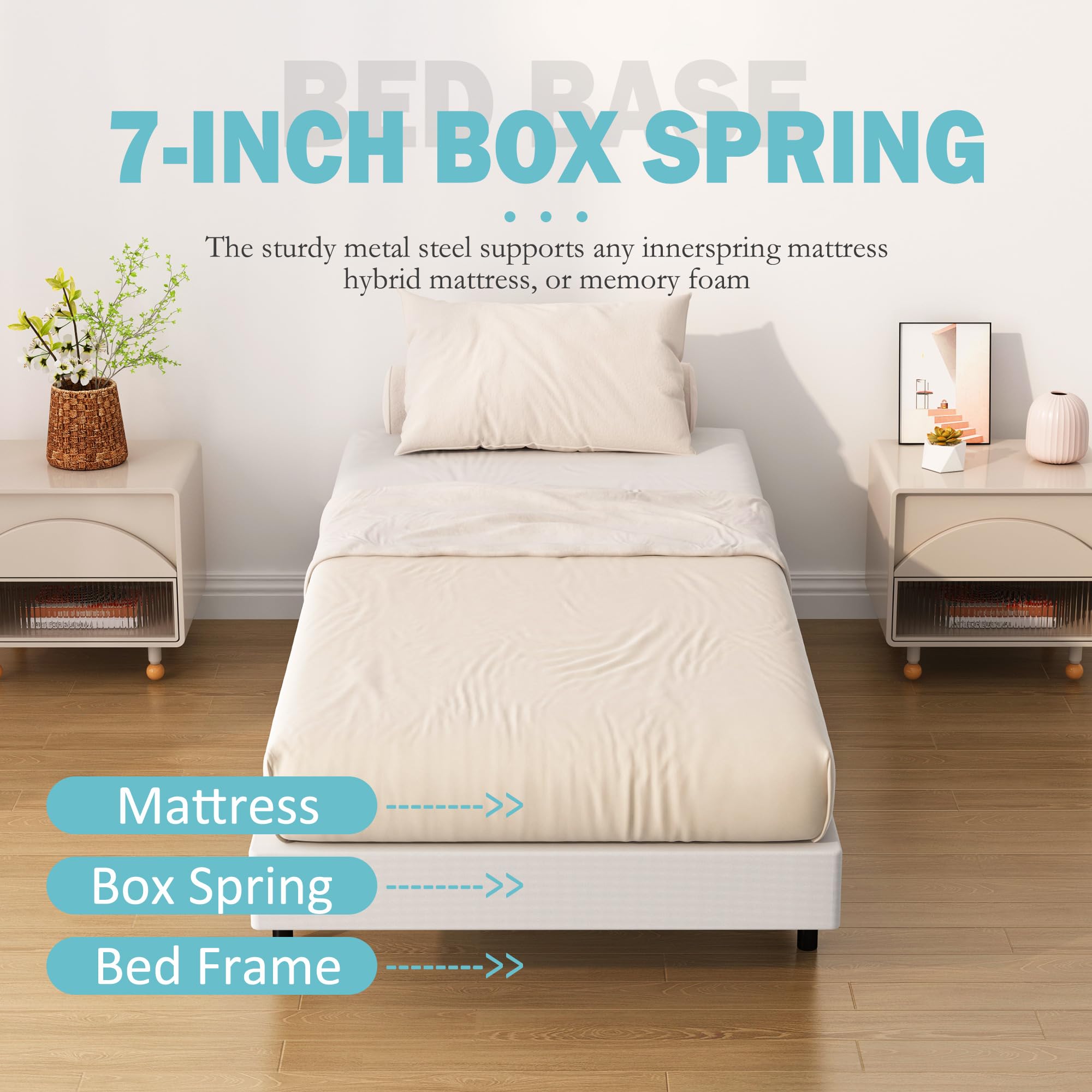 Upcanso 7 Inch Twin Box Spring Bed Base, Low Profile Metal Boxspring Twin With Fabric Cover, 2000 Lbs Max Weight Capacity Mattress Foundation, Noise-Free, Easy Assembly
