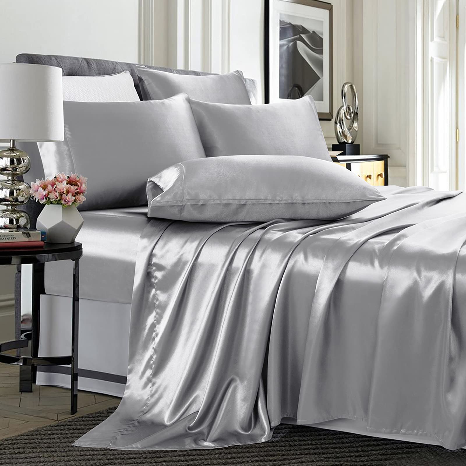 TREELY 6 Piece Satin Sheets King Size Silky Smooth Silver Grey Satin Sheet Set with Deep Pocket, Satin Fitted Sheet, Flat Sheet,