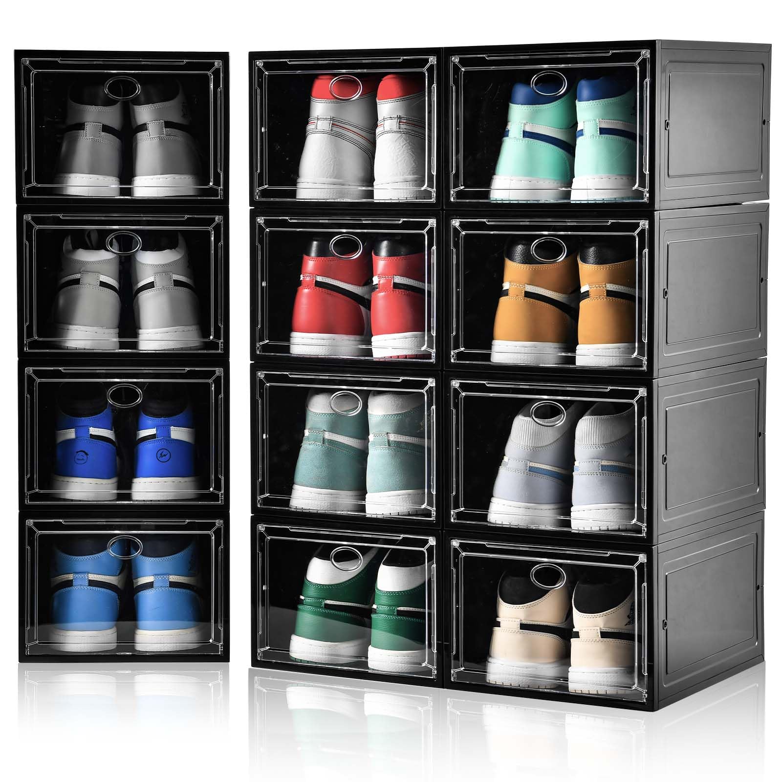 Amllas 12 Pack Shoe Boxes Stackable,Upgraded Sturdy Shoe Storage Boxes With Clear Magnetic Door,Multifunctional Sneaker Storage, Shoe Box Organizer Fit Up To Us Size 12 Black(13.8”X 9.84”X 7.1”)