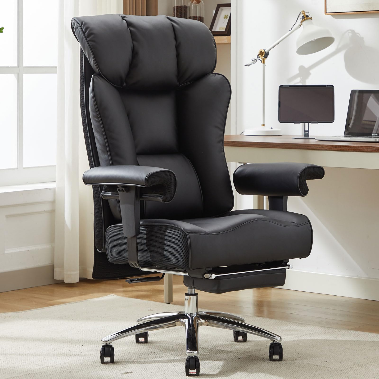 Efomao Desk Office Chair 400Lbs, Big And Tall Office Chair, Pu Leather Computer Chair, Executive Office Chair With Foot Rest, Light Pink Office Chair