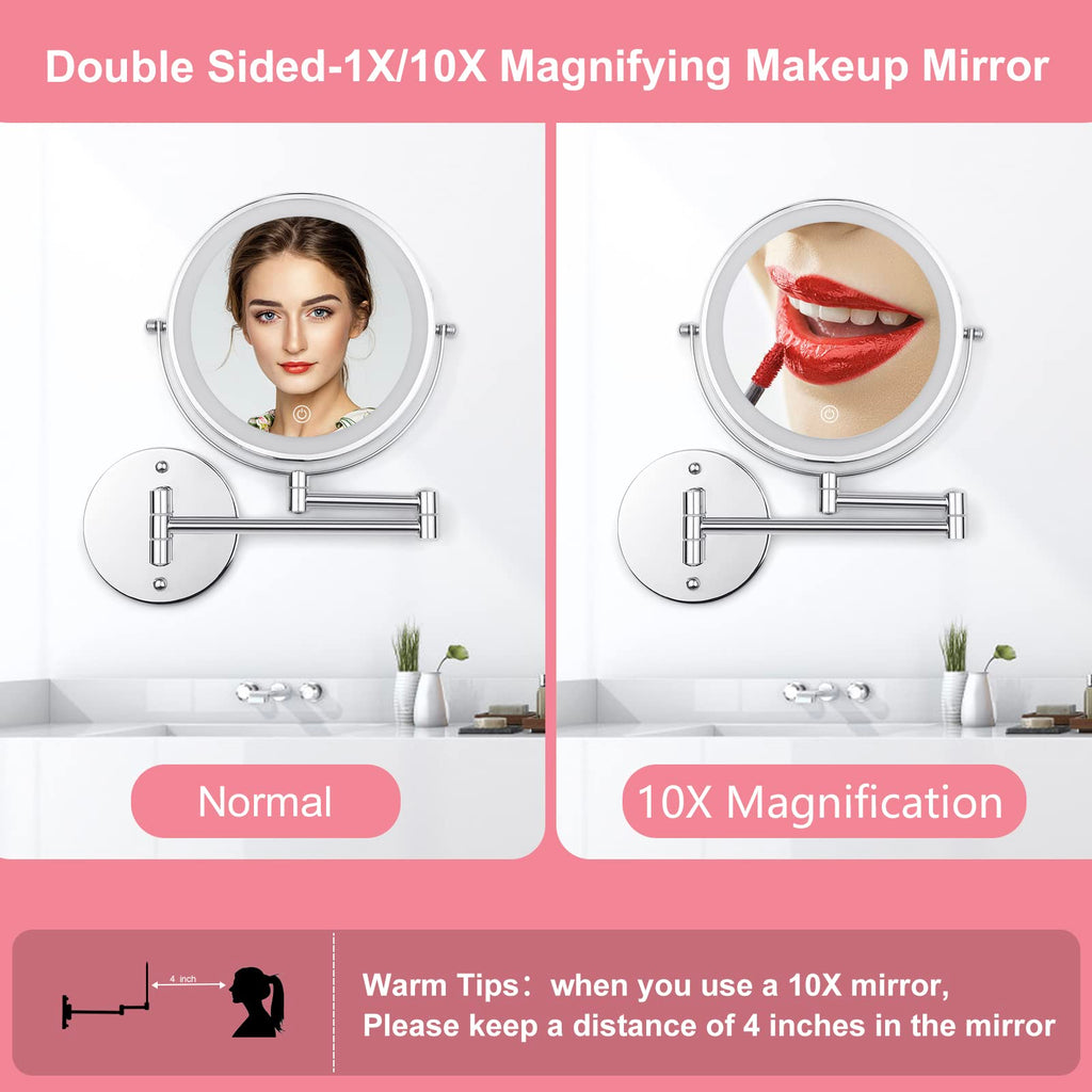 Ffowcye Wall Mounted Makeup Vanity Mirror With Lights, 8    Double Sided 1X/10X Wall Mount Magnifying Bathroom Shaving Mirror Wi