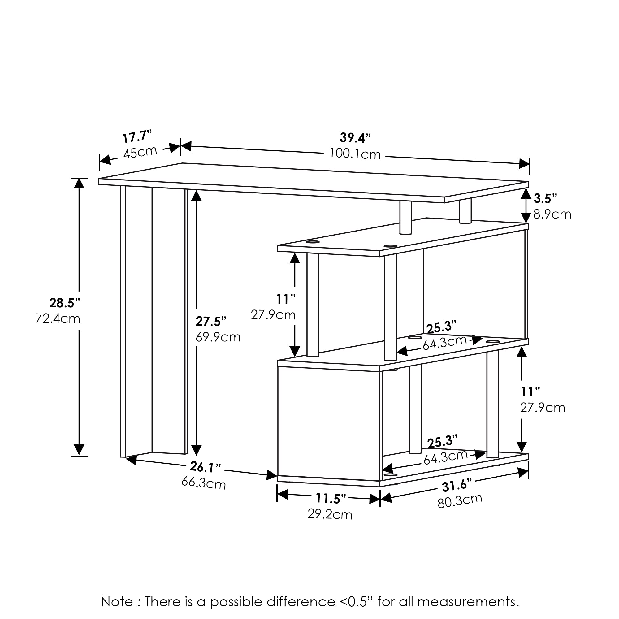 Furinno Moore L-Shape Computer Desk with 3-Tier Shelves, French Oak