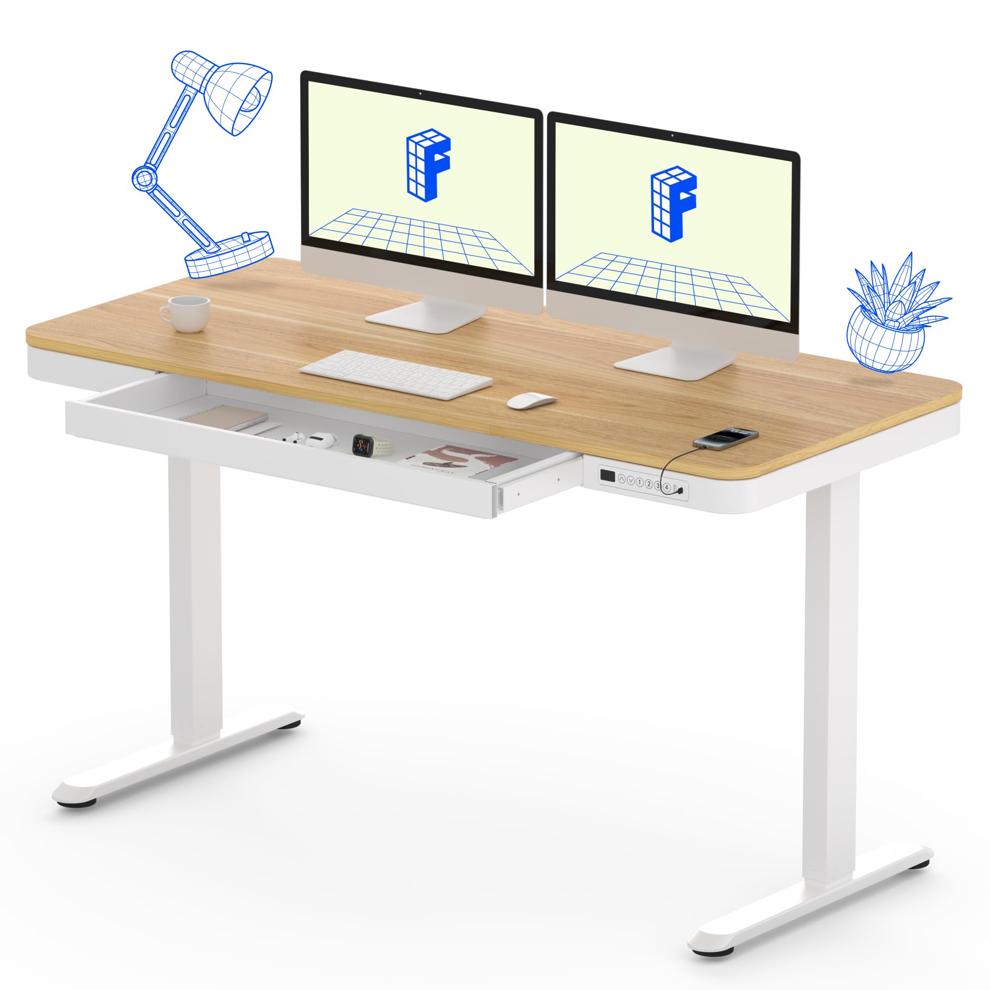 Flexispot 55' Electric Standing Desk With Drawers, Quick Assembly Home Office Sit Stand Desk With Storage, Usb Charging, Computer Desk For Home Office (Maple Top + White Adjustable Frame, Comhar)