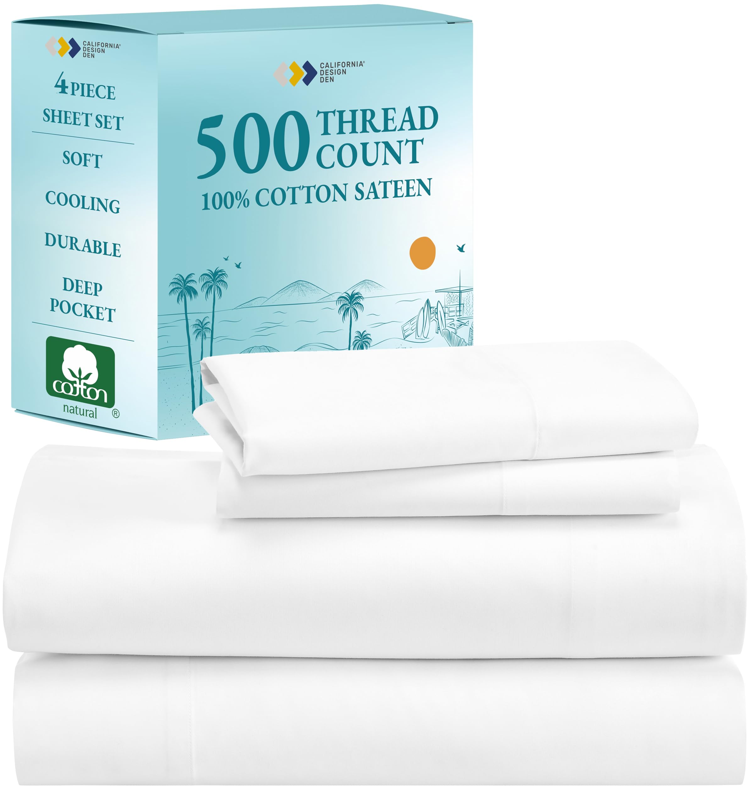 California Design Den 500 Thread Count 100% Cotton Sheets, Queen Size Sheet Set, Cooling Deep Pocket Bed Sheets With Fitted Elas