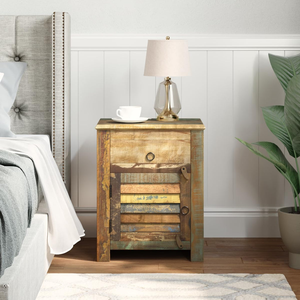 vidaXL End Table with 1 Drawer and 1 Door, Handmade Antique-Style Cabinet with Iron Ring Pulls, Solid Reclaimed Wood, 17.7''x13''x21.7'', Multicolor