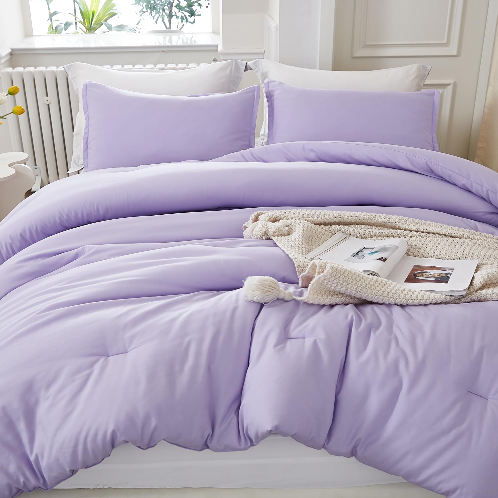 Litanika Lavender Purple Comforter King Size, 3 Pieces Lightweight Solid Bedding Comforter Set, All Season Fluffy Bed Set (104X9