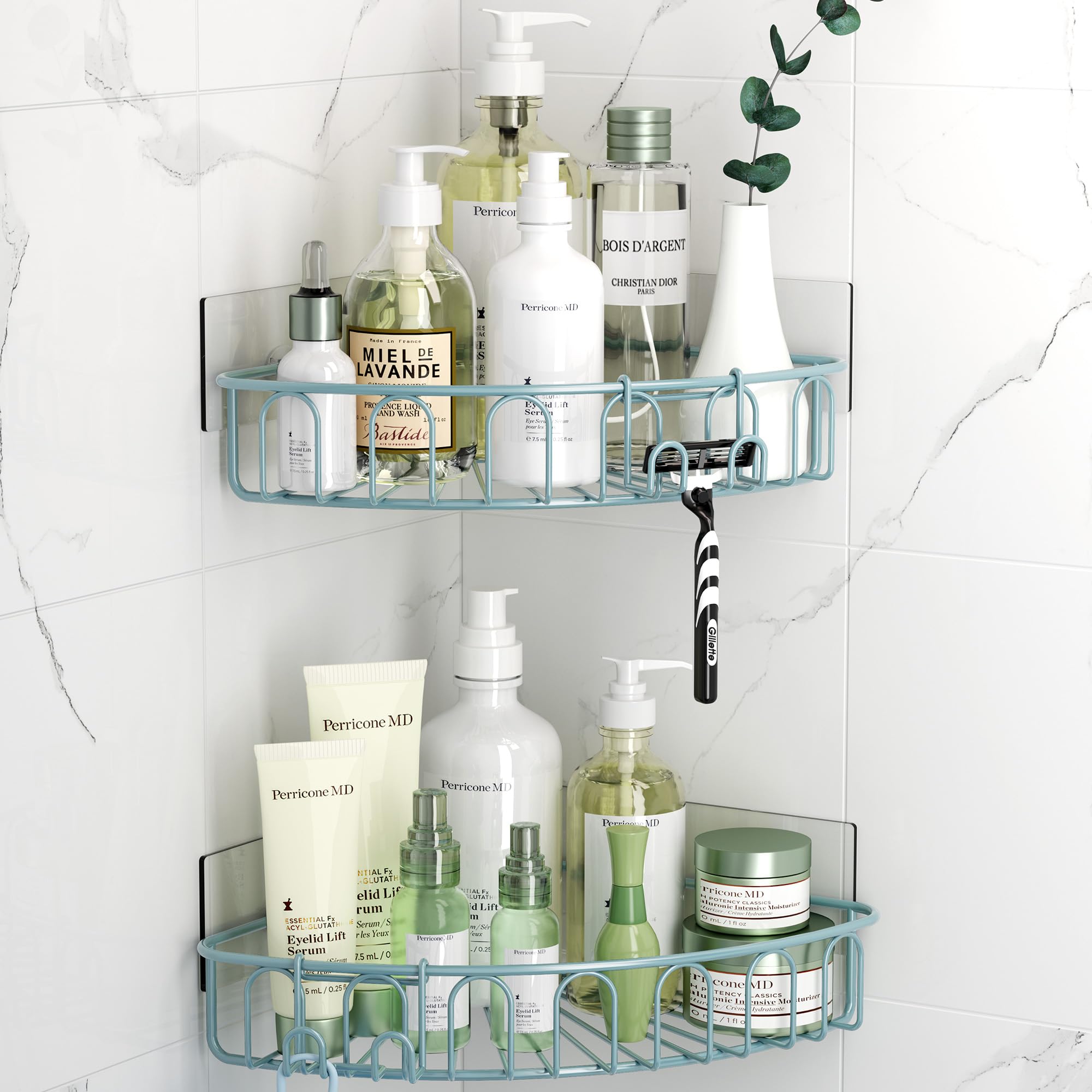 Orimade Corner Shower Caddy with 2 Hooks Wall Mounted Metal Bathroom Shelf Storage Organizer Adhesive No Drilling 2 Pack, Blue O