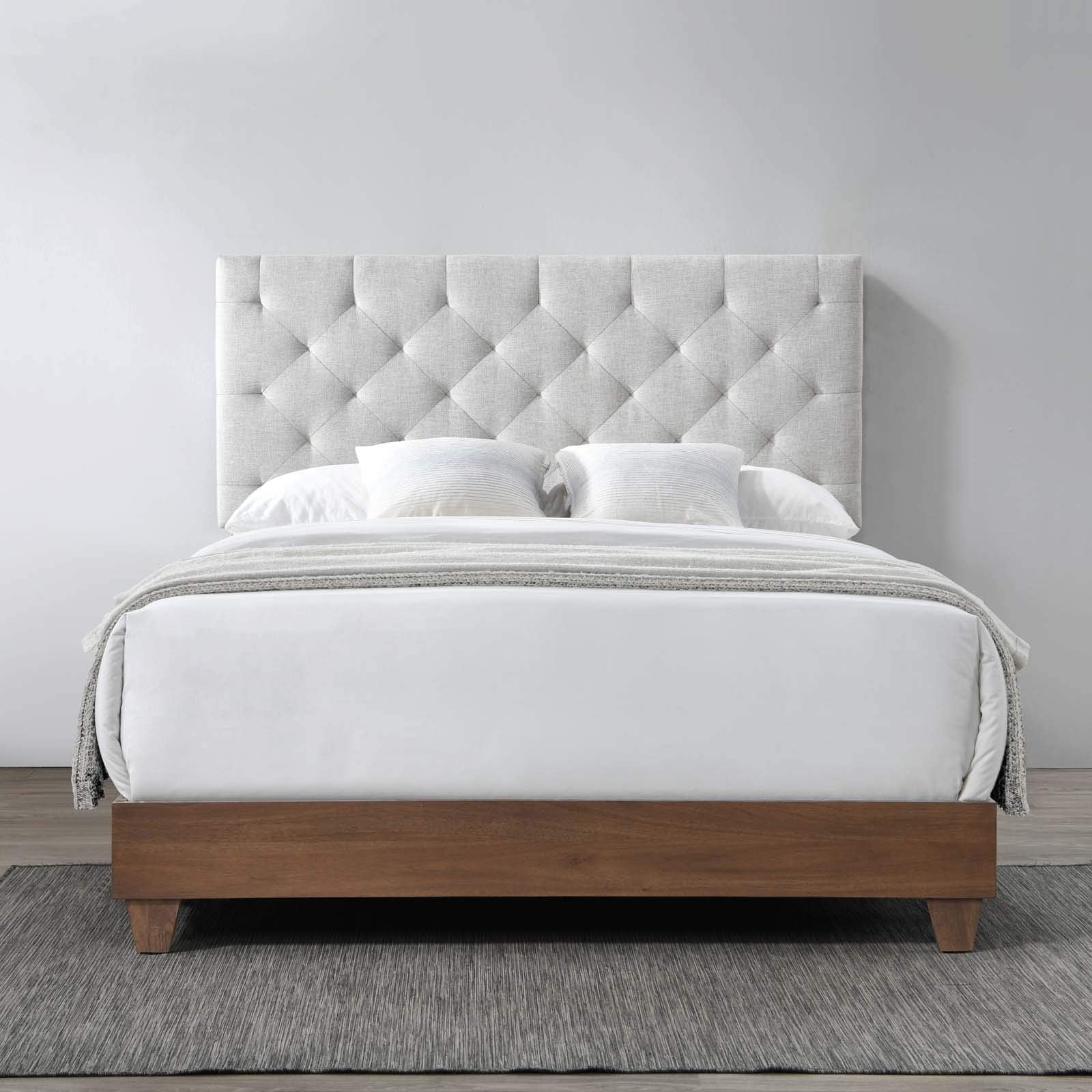 Modway Rhiannon Diamond Tufted Upholstered Fabric Queen Bed, Walnut Beige