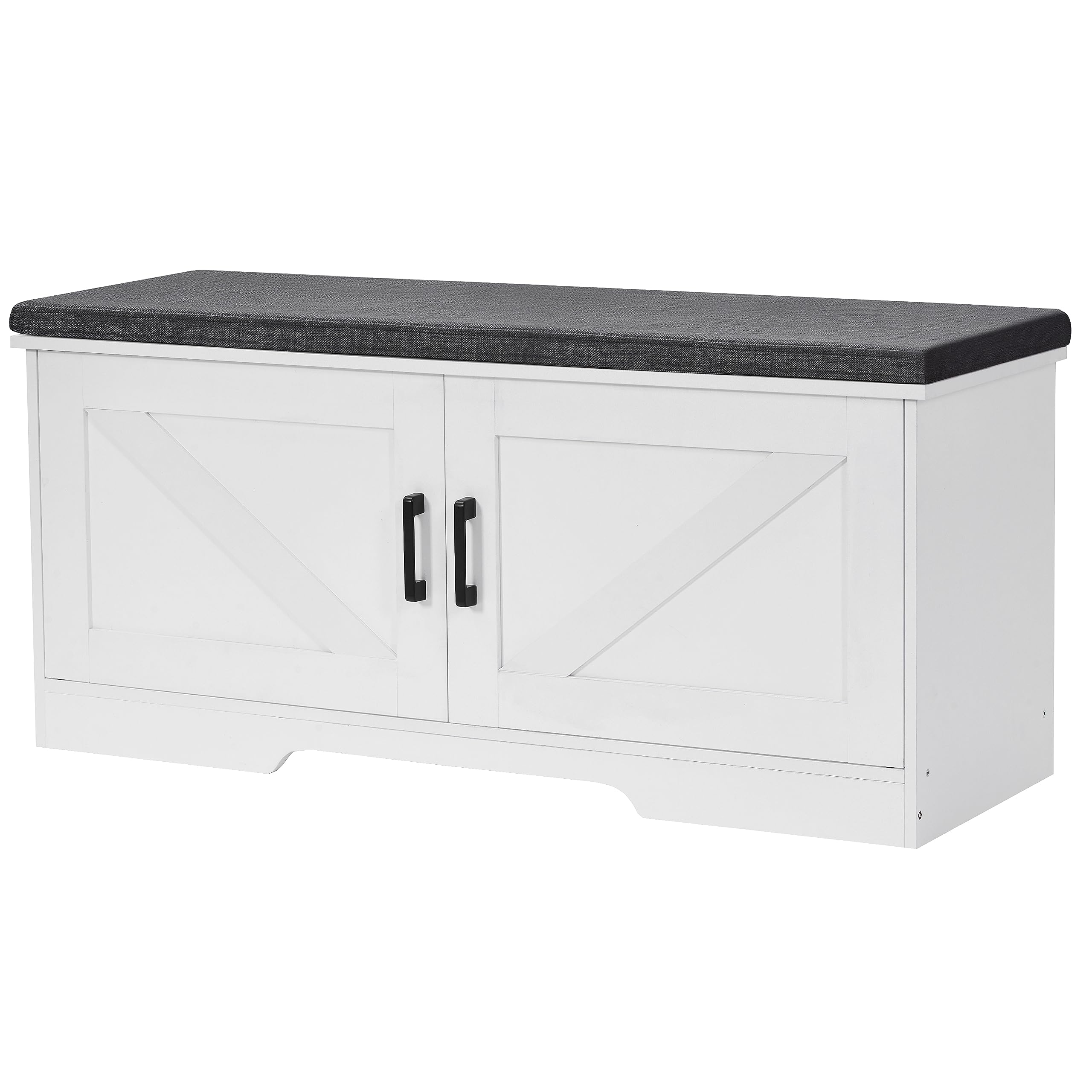Homsho 2-Tier Storage Bench, Shoe Bench With Padded Seat Cushion, Entryway Bench With 2 Barn Doors, Adjustable Shelf, 13.8' D X 39.4' W X 17.7' H, For Entryway, Living Room, Bedroom, White
