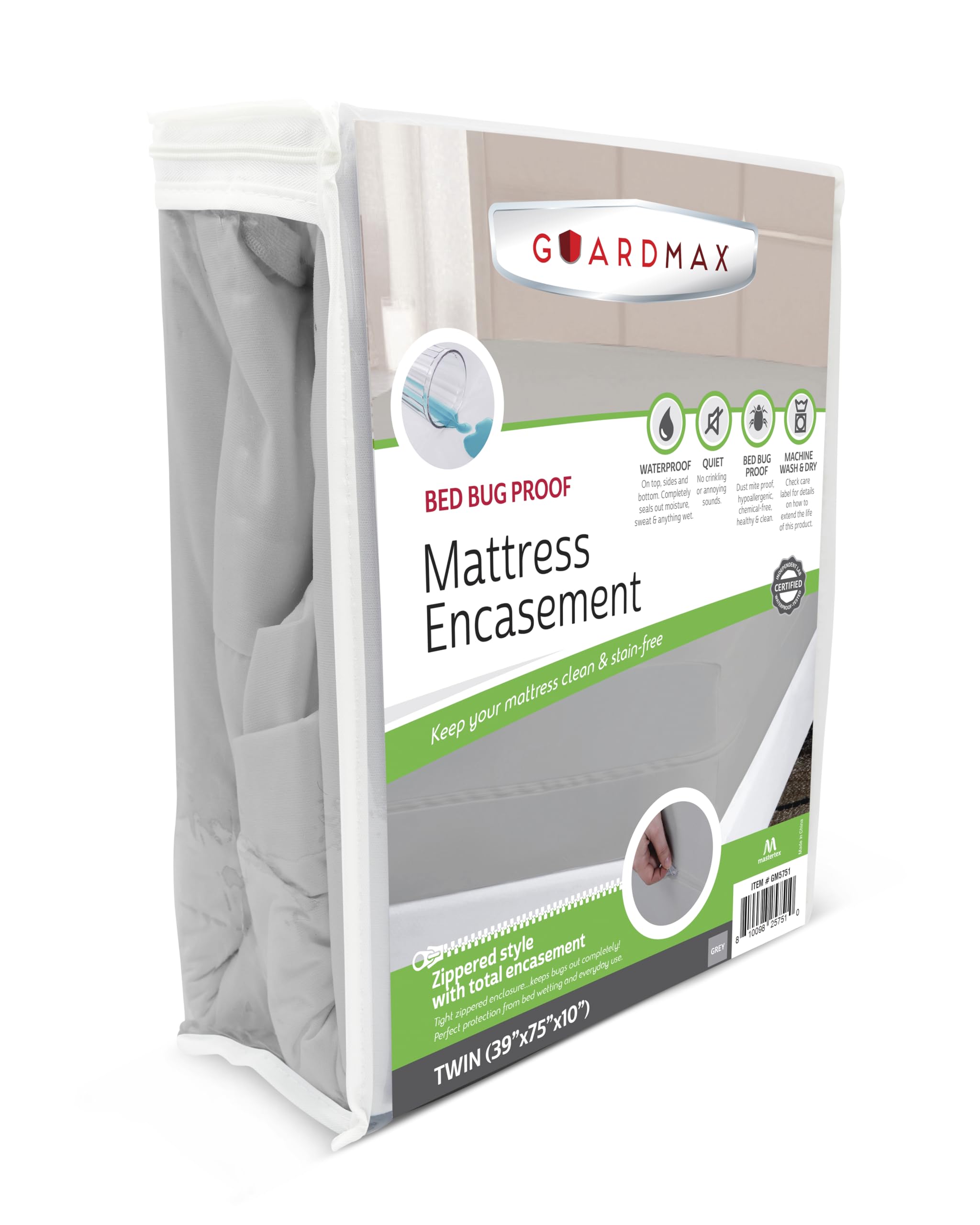 Guardmax Zippered Mattress Encasement - Twin Size - 100% Waterproof And Bed Bug Proof Mattress Protector - 6 Sided Absorbent Mat