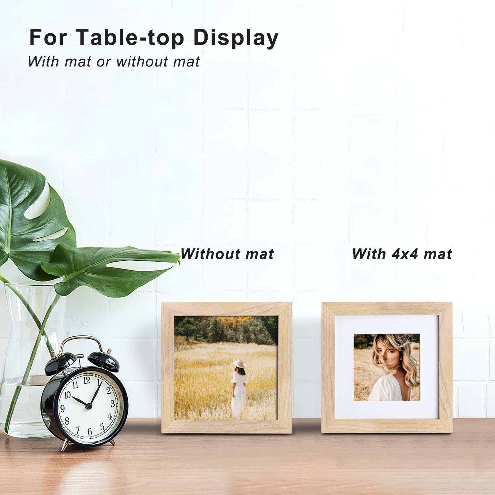 KINLINK 7x7 Picture Frame, Natural Solid Wood, 4 Pack, Wall & Tabletop Display, Includes Mat for 4x4 Photos