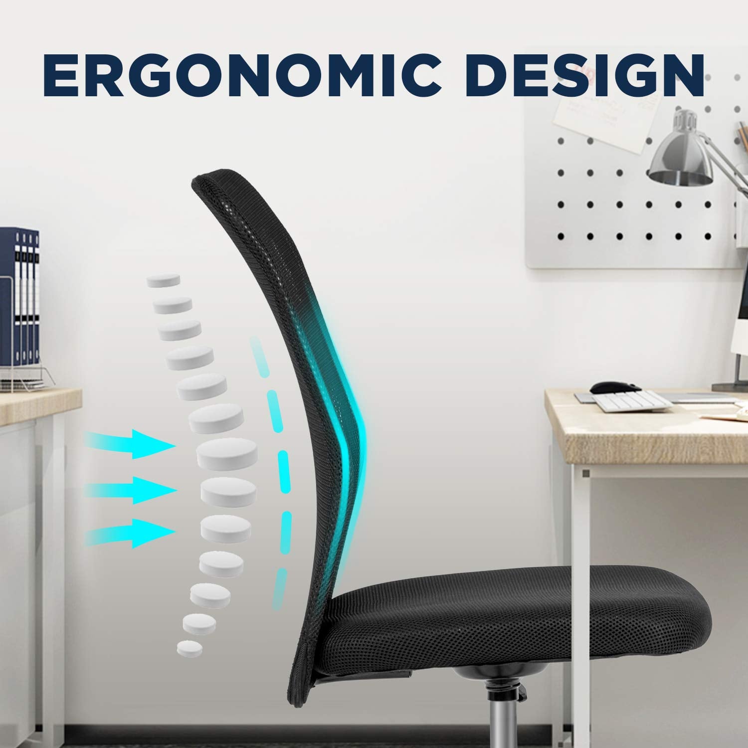 FDW Mid Back Mesh Office Chair, Ergonomic, Armless, Adjustable, 21.67D x 16.5W x 40.4H in, Black, Model: FDW