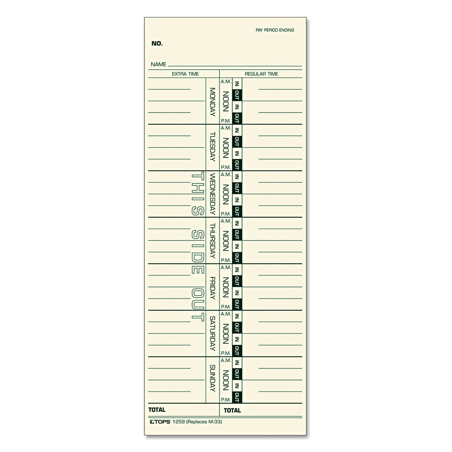 Tops 12593 Time Card For Acroprint/Ibm/Lathem/Simplex, Weekly, 3 1/2 X 9, 100/Pack