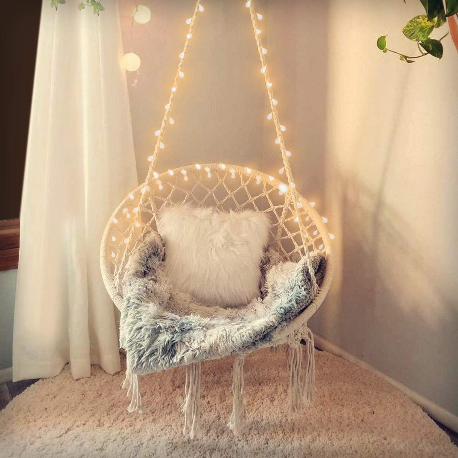 Hanging Chair For Bedroom Hammock Chair Swing With Lights And Hardware Kits Holds Up To 550Lbs Macrame Swing Chair Hanging Cotto