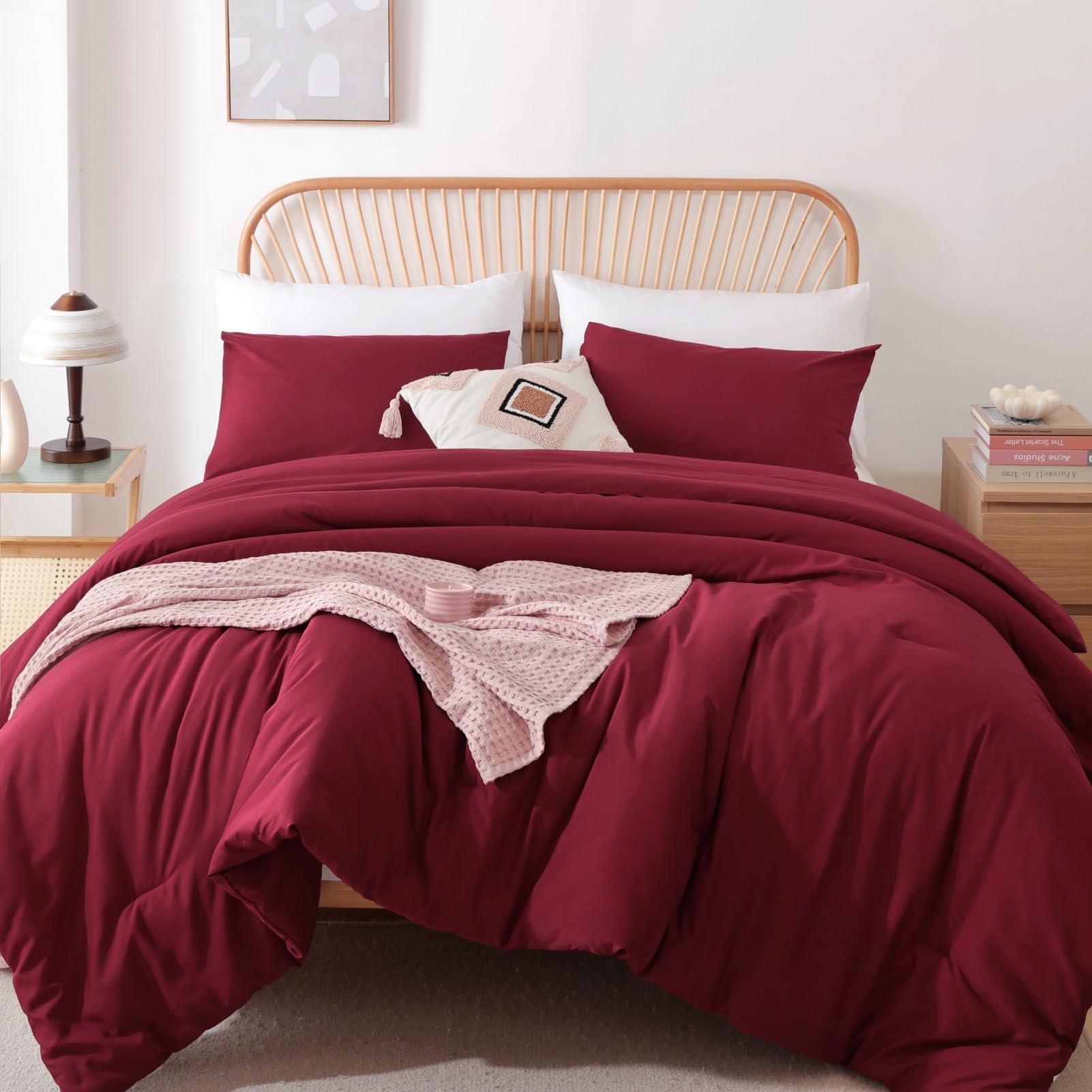 ROSGONIA Oversized King Comforter 128x120, 3pcs Super King Plus (1 Dark Red Comforter & 2 Pillowcases) Lightweight Warm Bedding 