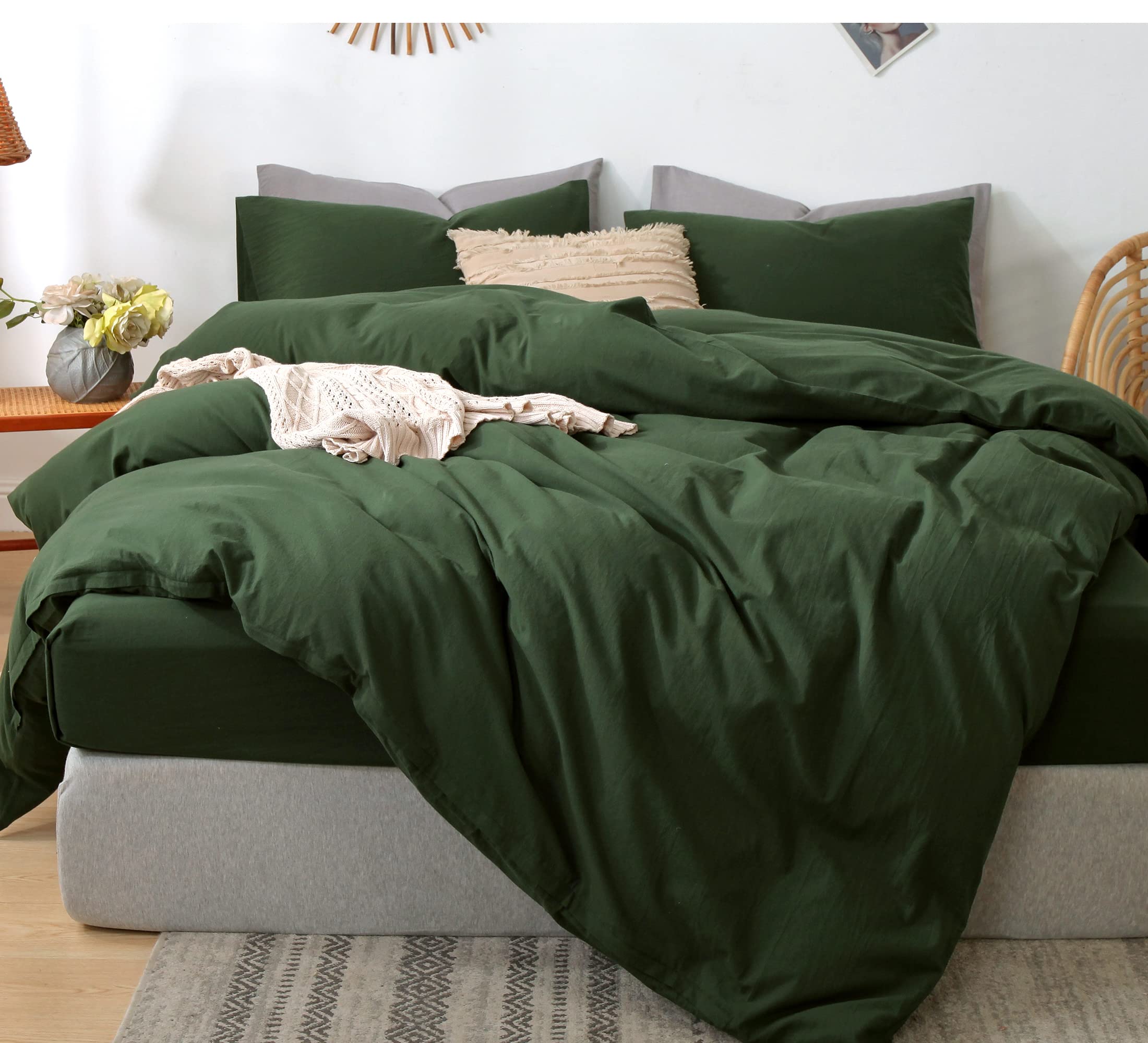 Moomee Bedding Duvet Cover Set 100% Washed Cotton Linen Like Textured Breathable Durable Soft Comfy (Forest Green, Oversized Kin