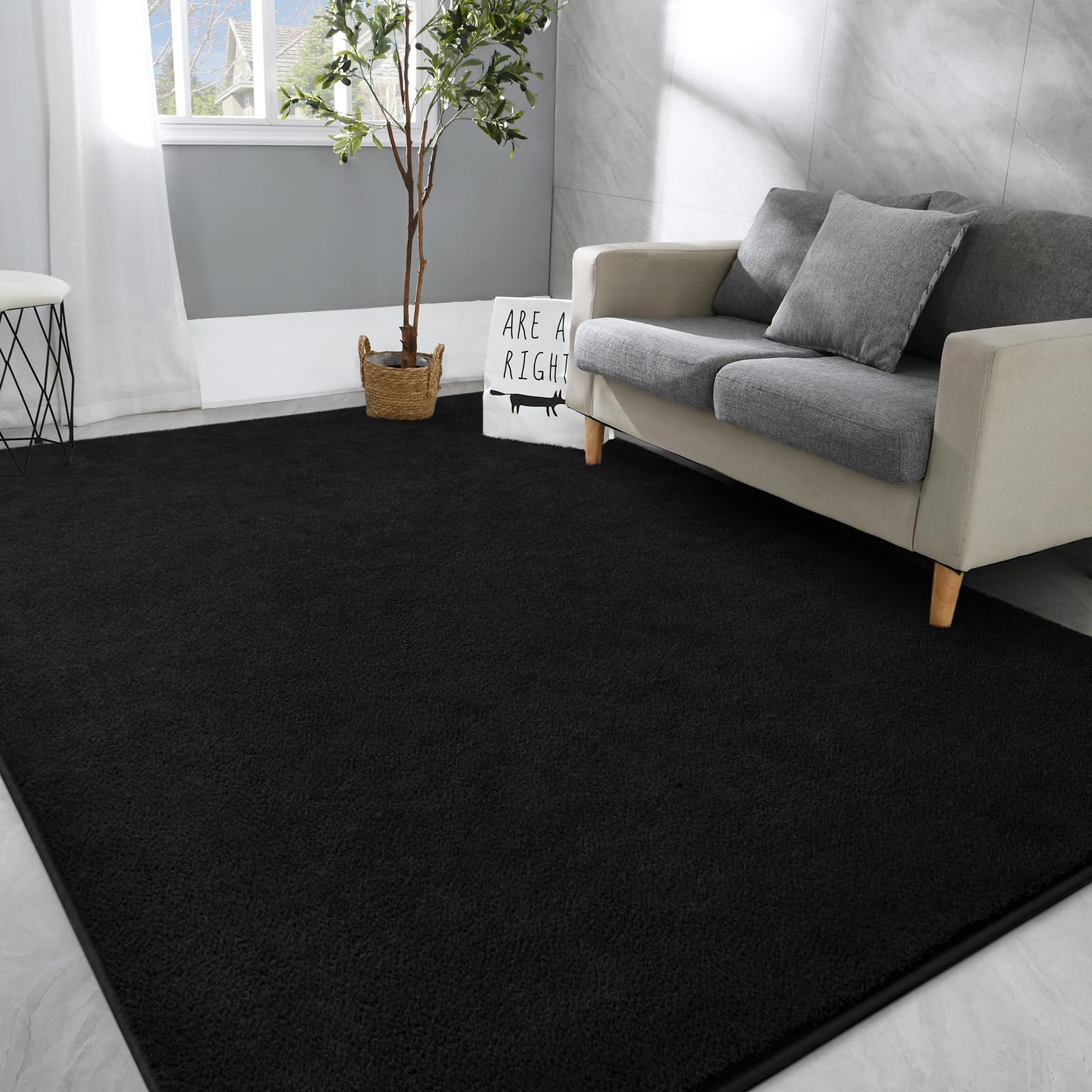 Hutha Large Area Rugs for Bedroom Living Room, 6x9 Black Solid Fluffy Super Soft Memory-Foam Furry Bedside Carpets, Modern Indoo