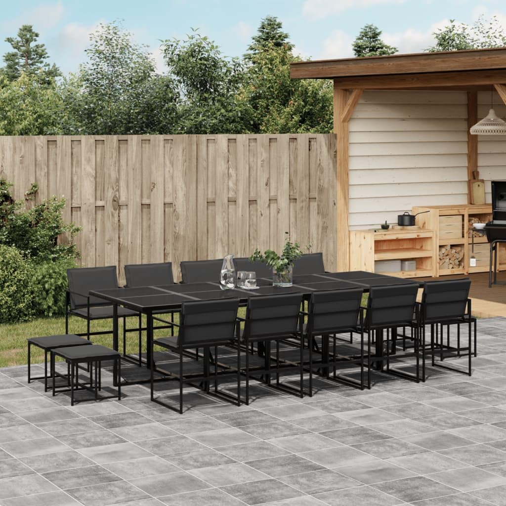 vidaXL 15 Piece Patio Dining Set - Outdoor/Garden Furniture, Black Textilene with Cushions, Powder-Coated Steel Frame, Tempered Glass Table, Compact Storage