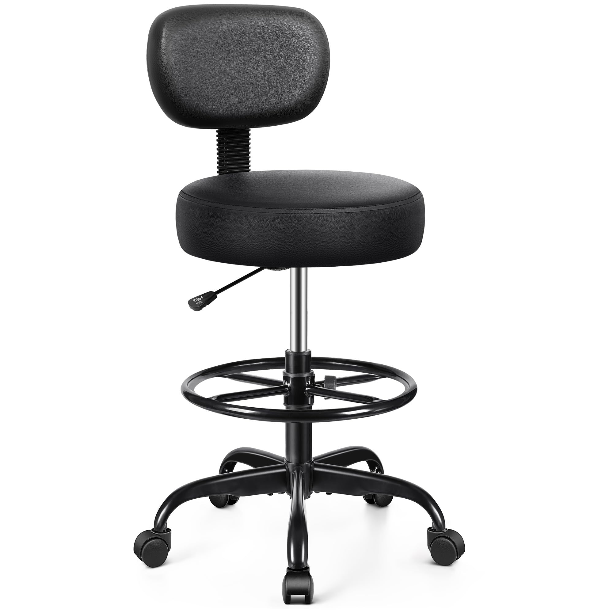 Brick Attic Drafting Chair with Backrest - Adjustable Foot Rest Rolling Stool with Wheels, PU Leather Swivel Stool for Office Sp